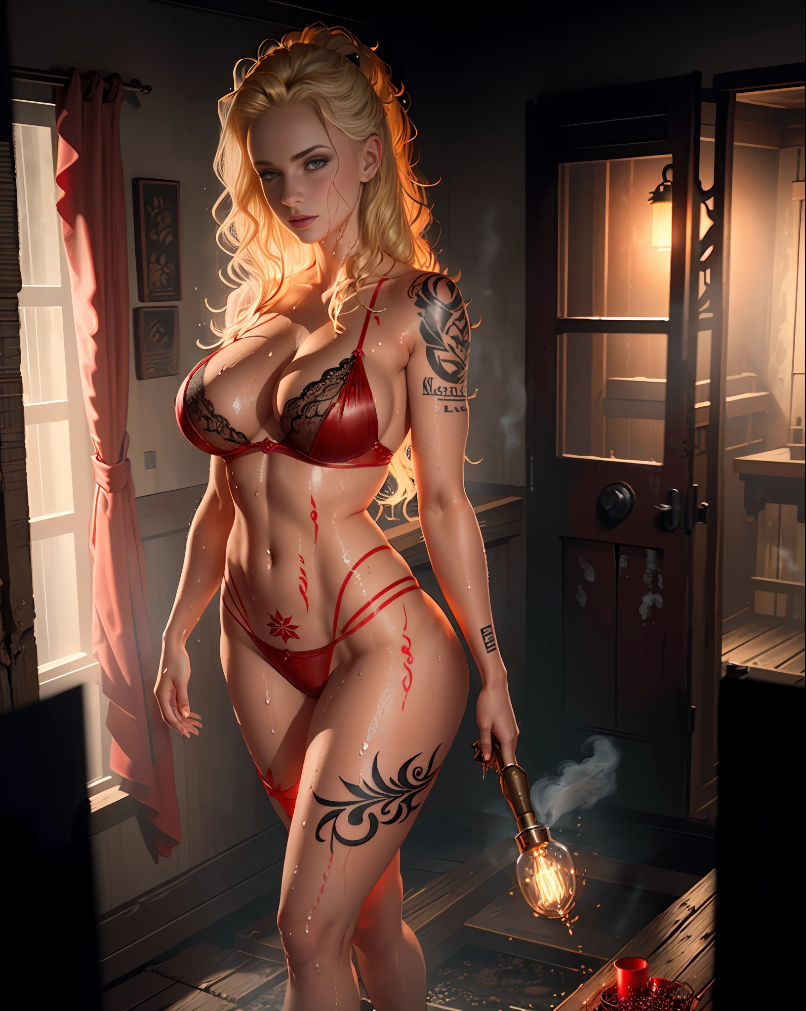 Beautiful busty sexy blonde woman with perfect breasts and nice ass, with light clothes, transparent red lingerie in a dark room, (((dirty wet skin)))), thigh lace tattoo, pepper tattoo below navel, highly detailed, sparks, smoke, raised dust, development, realistic photography, HDR 4k, (full body shot), (wide angle)