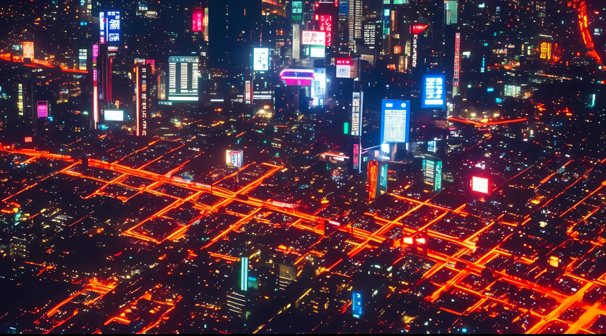 Tokyo Cyberpunk seen from above with red neon streets at night