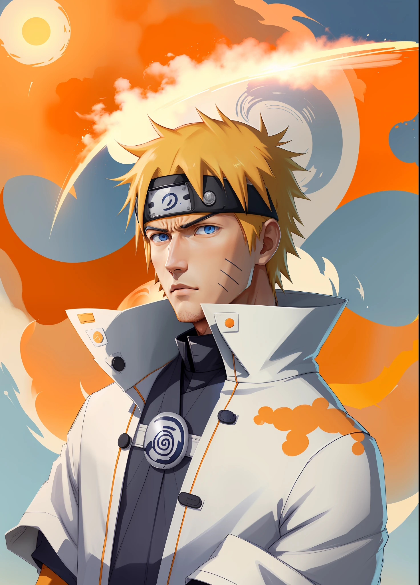 highres,4k,1man, detailed,naruto Uzumaki, white outerwear and orange tie,handsome,co, detailed blue sky background,blue eyes