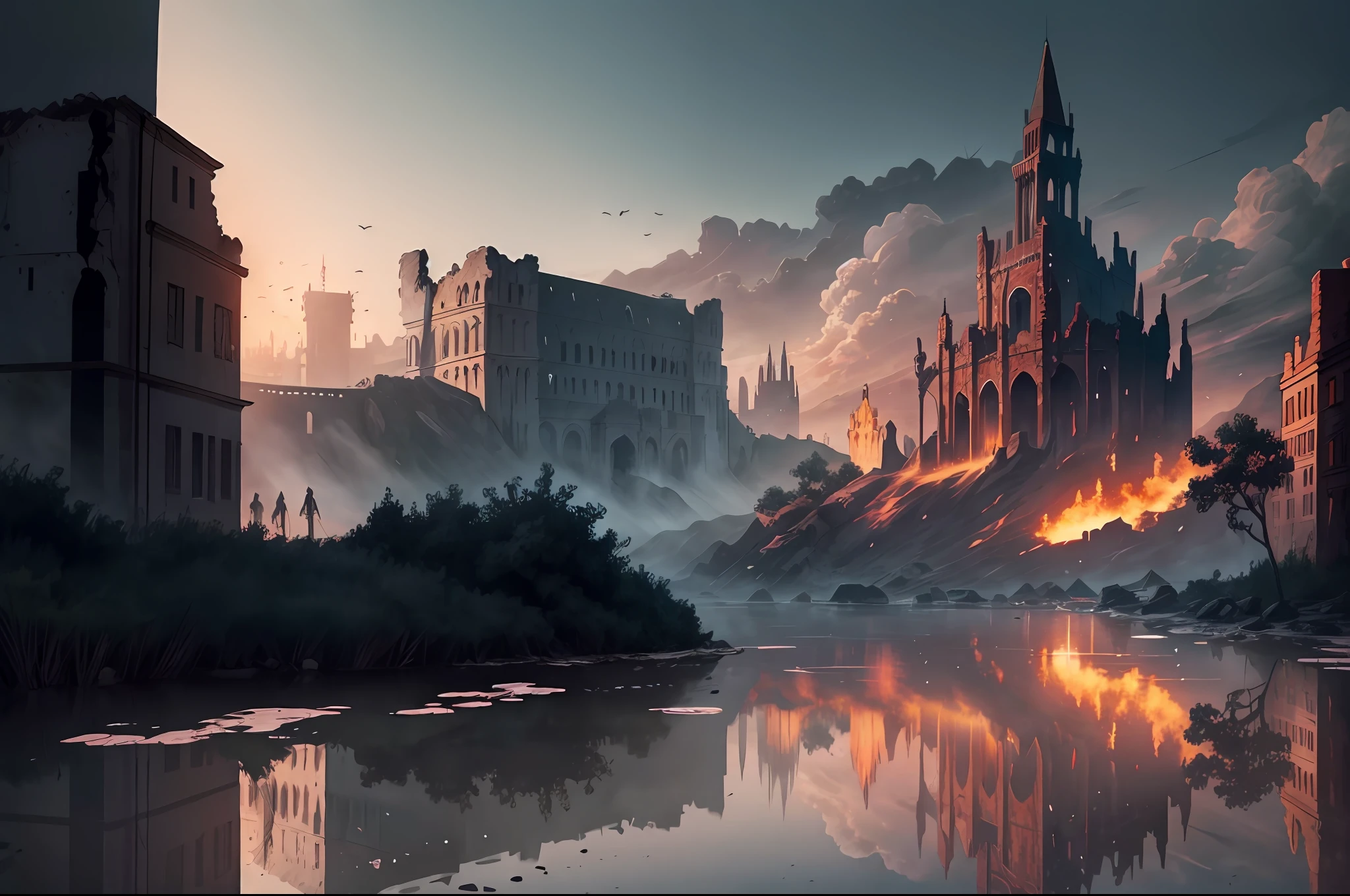 A city in ruins, swords, spears and arrows on the ground, European architecture, view from the front, little colored design, well lit, excellent quality, well detailed