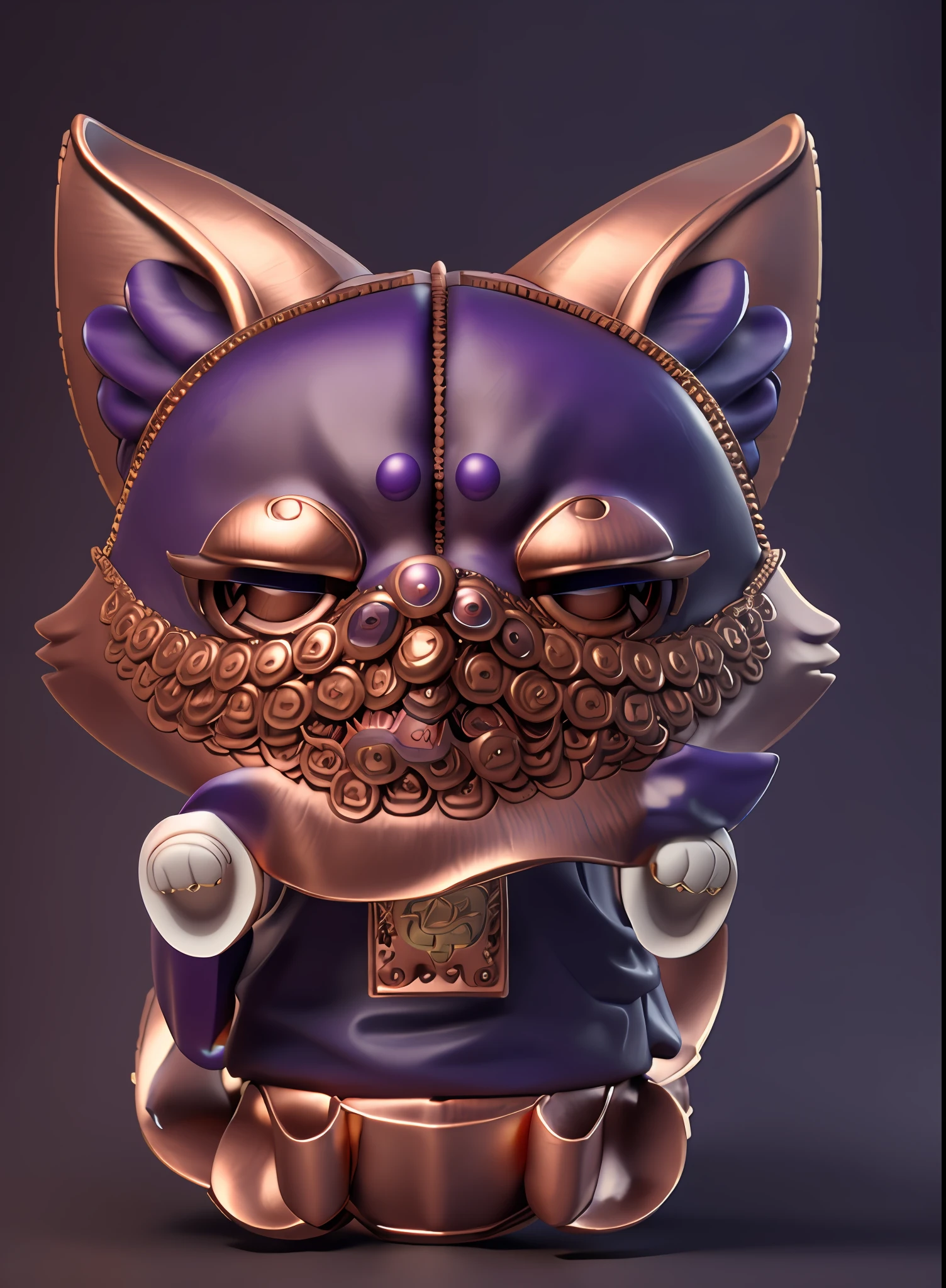 Close-up of a fox with a beard and mustache, dressed in Qing dynasty clothes with a copper money mask on his face, 3D model of a Japanese mascot, popular Japanese 3 D super detailed, Nekomimi, Katsuro Otomo highly detailed, samurai cat, Lego from Beastars, inspired by Miaofu, made with zbrush, very detailed face, navy blue with purple and skin color matching, very, very super detailed, blender, pastel color scheme, ((intricate details)), HDR, ((intricate details, super detailed)), movie shots, vignettes,