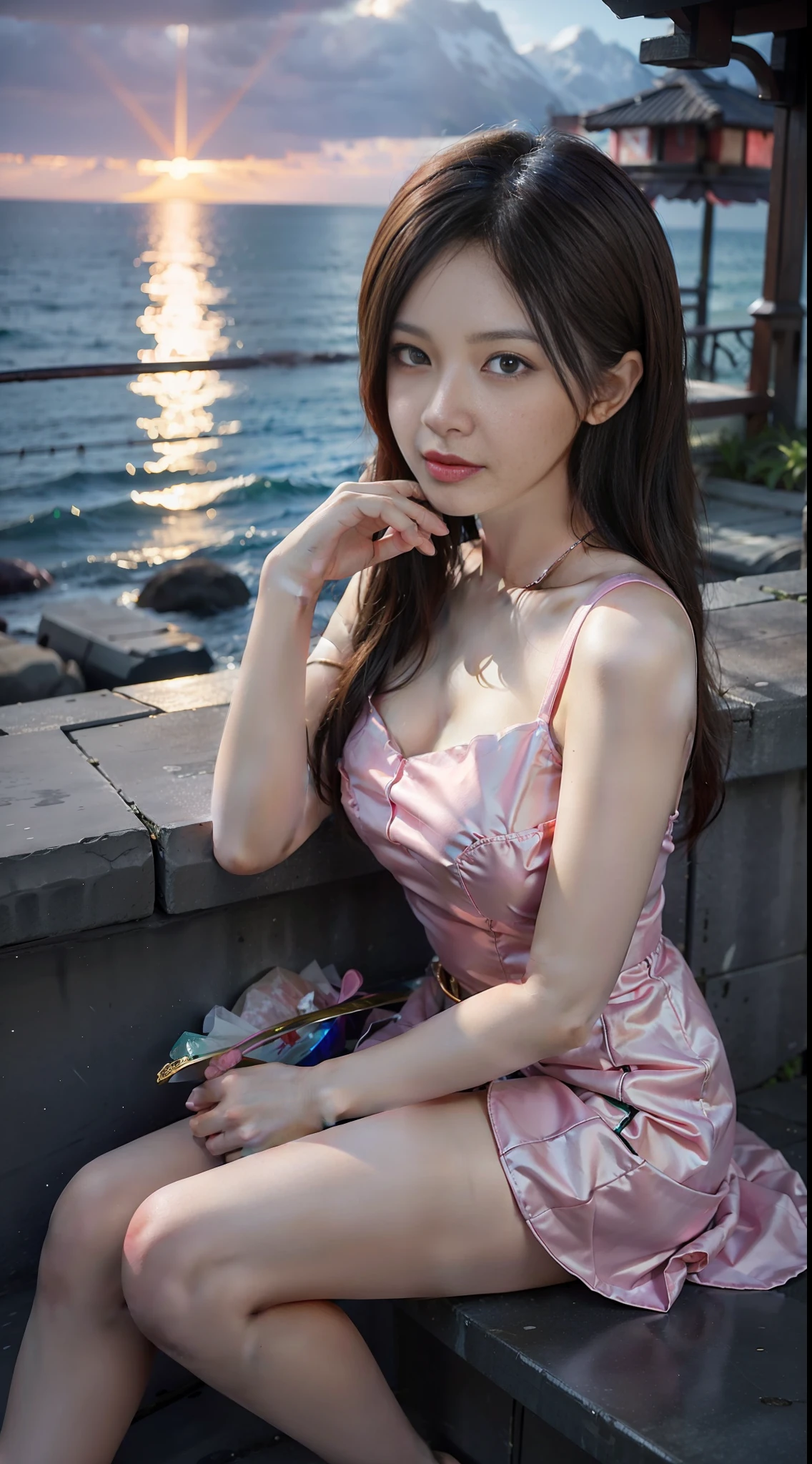 An asian girl, beautiful, young, slim, candy world, disneyland, ethereal, soft, pink sky, green, blue, diamond, sparkling gemstone, super realistic background, super quality movie, full hd, painting well lit, sunny, sunny, daytime, ocean, beach