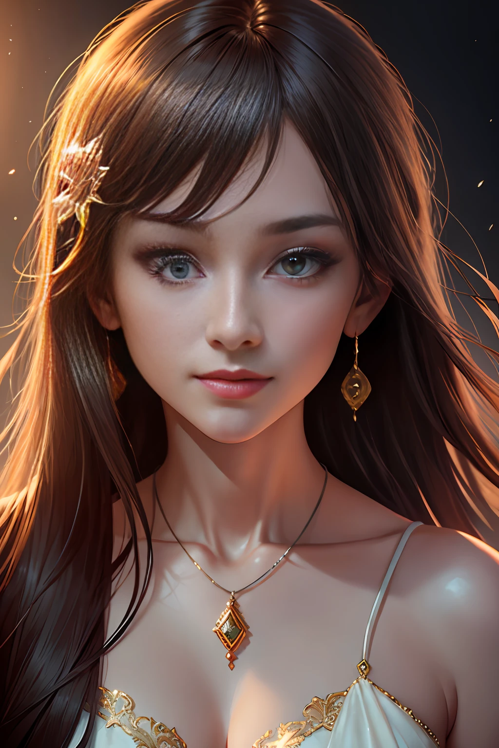 best quality, masterpiece, highres, 1girl, transparent silk porcelain dress, beautiful face, hair ornament, looking at viewer, smile, closed mouth, lips, dress, hair ornament, necklace, jewelry, long hair, earrings, beautiful face, upon_body, tyndall effect, photorealistic, dark studio, rim lighting, two-tone lighting, (high detailed skin: 1.2), 8k uhd, dslr, soft lighting, high quality, volumetric lighting, candid, Photography, high resolution, 4k, 8k, Bokeh