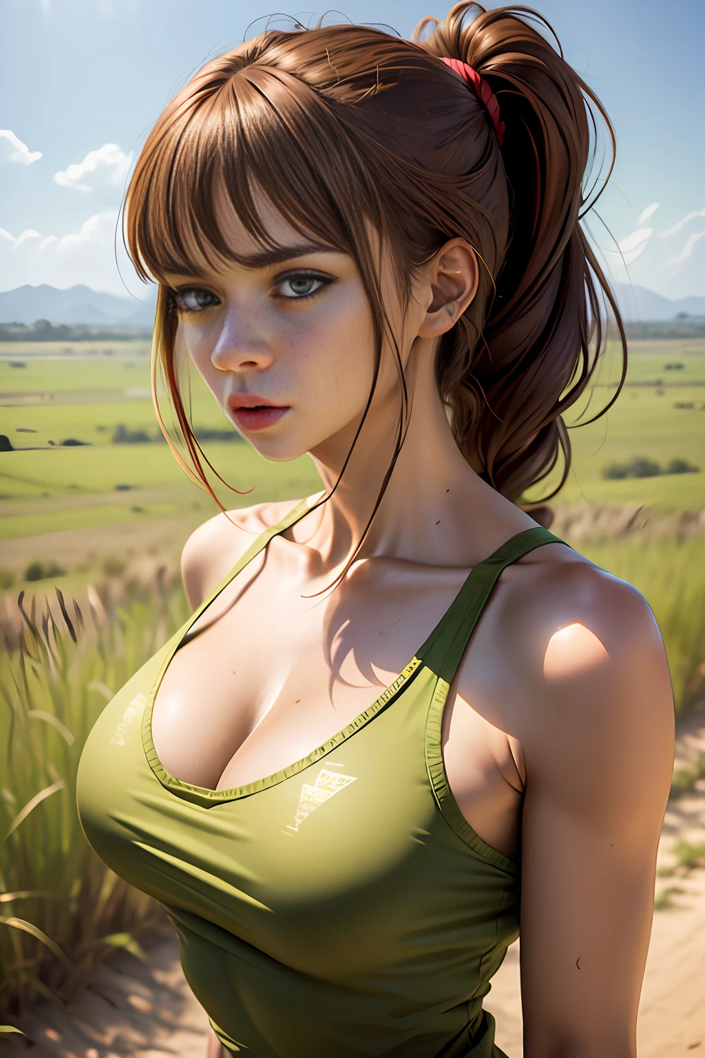 Raw 16k ultra HD vivid colors masterpiece ultra resolution, 1.12),
A 20-year-old woman, brown hair stuck in a messy ponytail, light brown eyes. She's in a close-up from waist to head, wearing a ripped green shirt and sporting bare shoulders. His face is bruised, showing battle wounds. The scenery in the background is an African savannah, with its vast green vegetation. The woman has large breasts and maintains a courageous and determined expression.