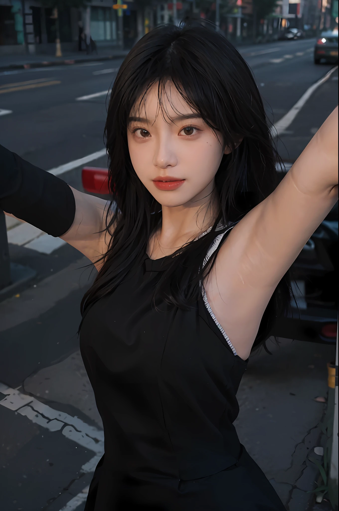 8K, Best Quality, Masterpiece, Ultra High Resolution, (Realism: 1.4), Original Photo, (Real Skin Texture: 1.3), (Film Grain: 1.3), (Selfie Angle), 1 Girl, Beautiful Eyes and Face Details, Masterpiece, Best Quality, Close Up, Full Body, Looking at the Viewer, Black Long Dress, Black Stockings, On the Street