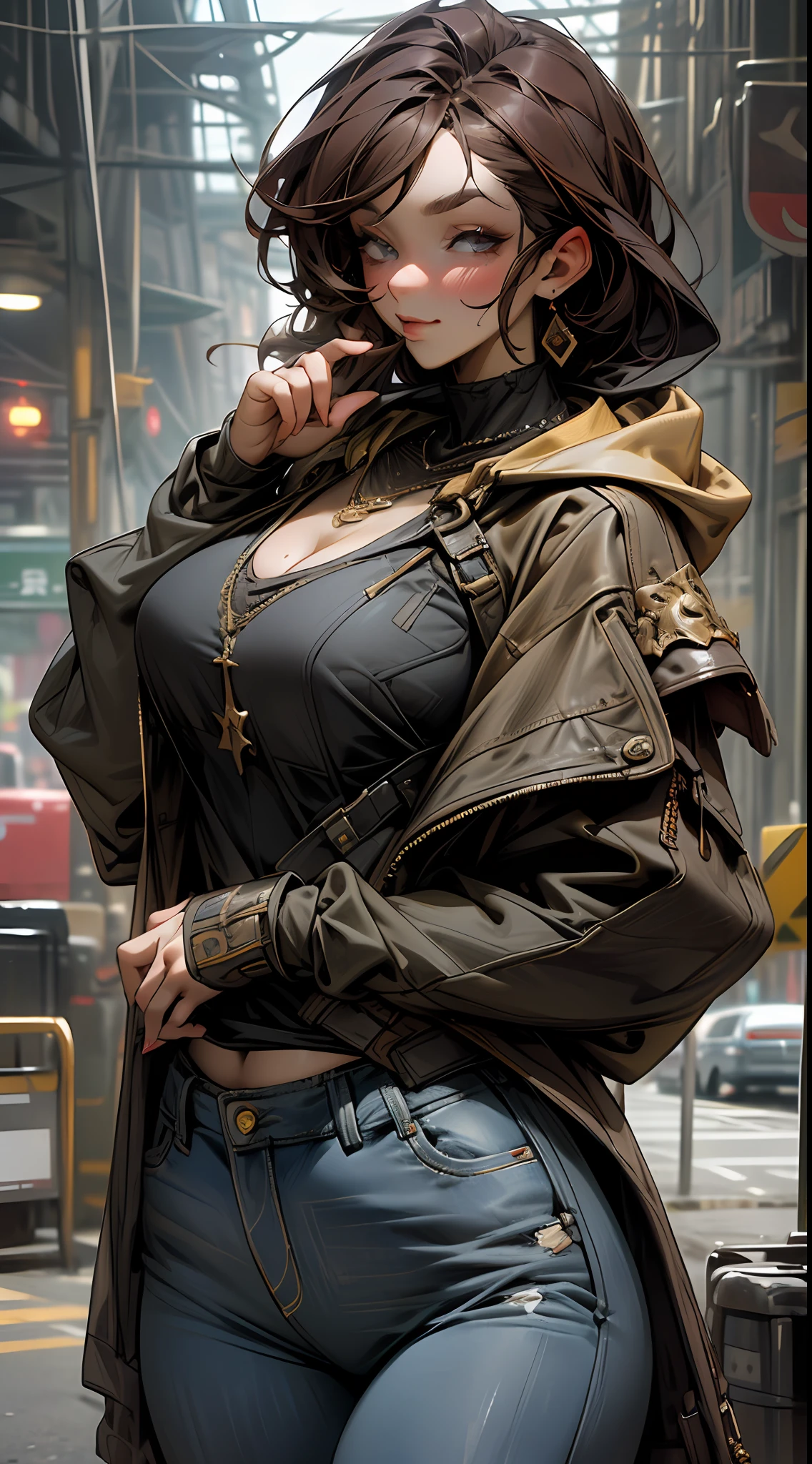 ((Best Quality, 8K, Masterpiece: 1.3)), a beautiful woman with perfect figure: 1.4, dark brown hair, big breasts, exposed cleavage, wearing pendant, hoodie and jeans, at festivals, highly detailed face and skin texture, detailed eyes, double eyelids