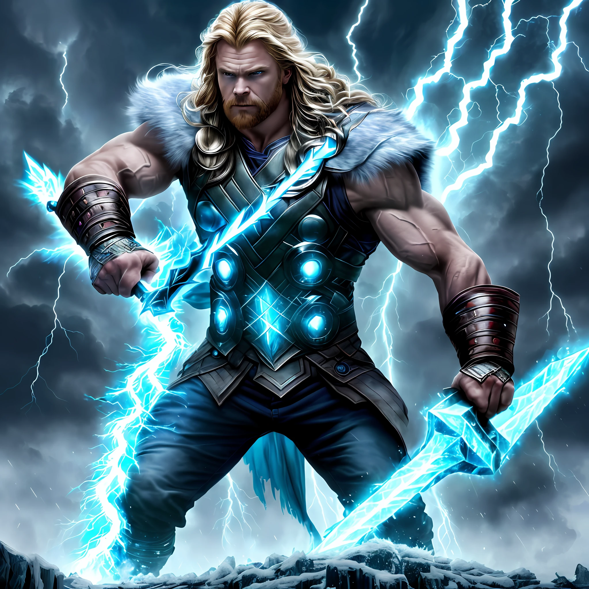 (extremely detailed CG unity 8k wallpaper,masterpiece,best quality,ultra-detailed),(best illumination,best shadow,an extremely powerful scene with Thor as a frozen giant),axe,(ice powers+thunder powers)=>(god of ice and thunder),(ascending to the status of Odin's son),solo picture.