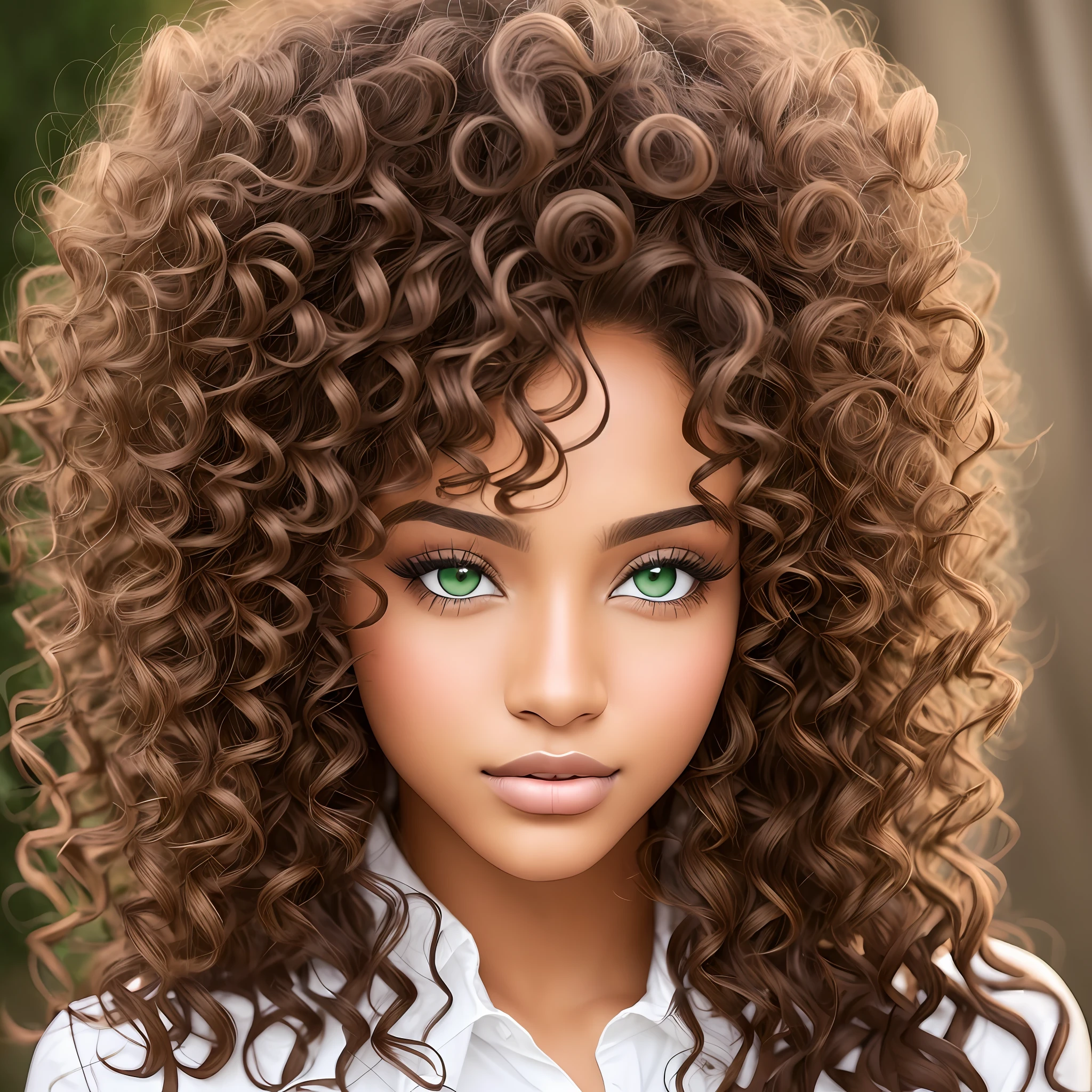 Woman, brown skin, green eyes, voluminous lips, curly hair, makeup, realistic, angelic face --auto --s2