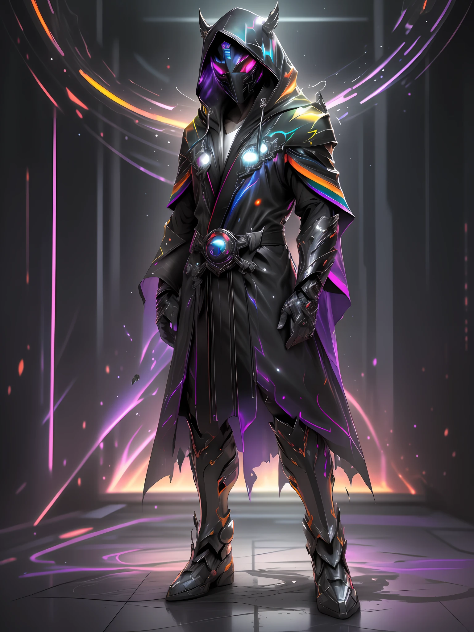 black and rainbow epic fantasy cosmos hooded male cyborg suite (shiny rainbow robe:1.5) (mask1.5) front view, empty background, cinematic lighting, full body, full body, all body, front view, wide angle, cinematic lighting (ultra details:1.6) (ultra resolution,:1.6) (ultra quality:1.6) unreal engine 5, cinematic light