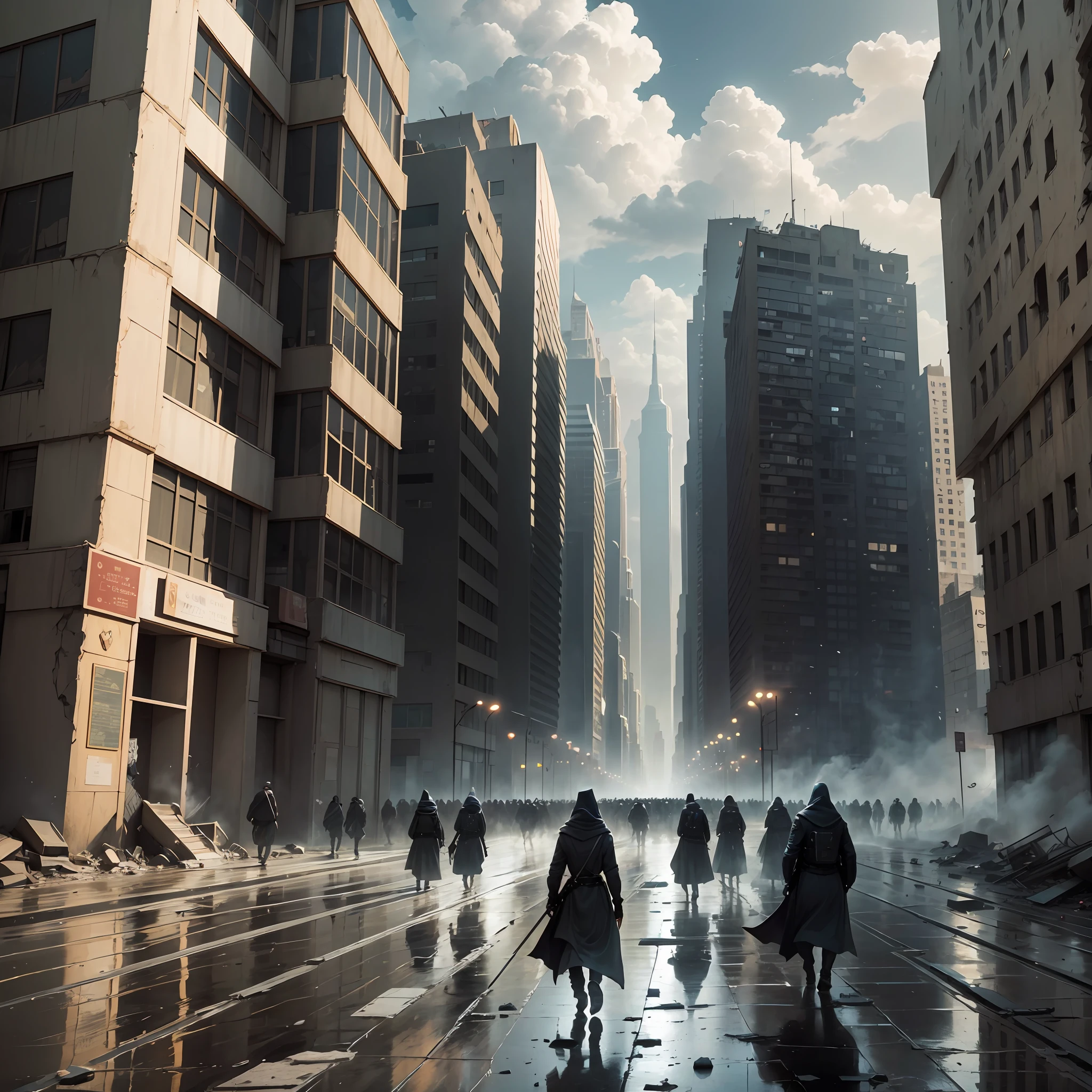 The illustration depicts the planet Umbra under the oppressive rule of the tyrant William. The dark and hostile environment is captured in shades of gray and dense shadows, which envelop the scenery.

The landscape of the planet Umbra is desolate and marked by chaos. Crumbling buildings stand as silent witnesses to the regime's tyranny. The structures are dilapidated, with broken windows and crumbling walls, reflecting the decay and despair that pervades the place.

In the streets, oppressed and hopeless people walk hunched over, with downcast looks and downcast countenances. Overwhelmed by William's cruel policies, citizens live in constant fear, fearing reprisals for any sign of resistance.

The sky over the planet Umbra is shrouded in heavy, charged clouds, casting a melancholy atmosphere over the environment. The sunlight is blocked, leaving the world shrouded in a constant gloom, accentuating the feeling of oppression.

Signs of repression are evident throughout the illustration. Patrols of William's army march through the streets, with soldiers wearing grim uniforms and stern expressions. These oppressive forces impose their authority with weapons and advanced technology, keeping the population in check.

The architecture of the planet Umbra reflects the austere and intimidating style of William's regime. Monumental buildings, with angular and imposing designs, are symbols of the power and domination of the tyrant. Flags and symbols of the regime are displayed in strategic locations, reminding everyone who is in charge.

The illustration conveys the sense of oppression, sadness and despair that pervades the planet Umbra under the yoke of William. The dark and decaying environment reflects the pain and anguish of citizens, who yearn for change and liberation from this tyrannical regime. --auto --s2