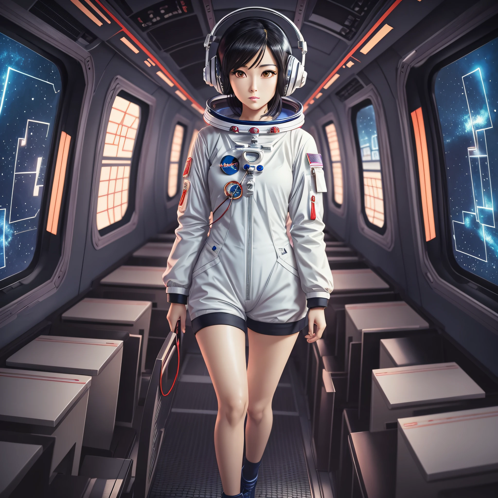 anime style full body oriental woman short dark hair astronaut inside the cabin without uniform wearing headphones looking at the camera calm countenance --auto --s2
