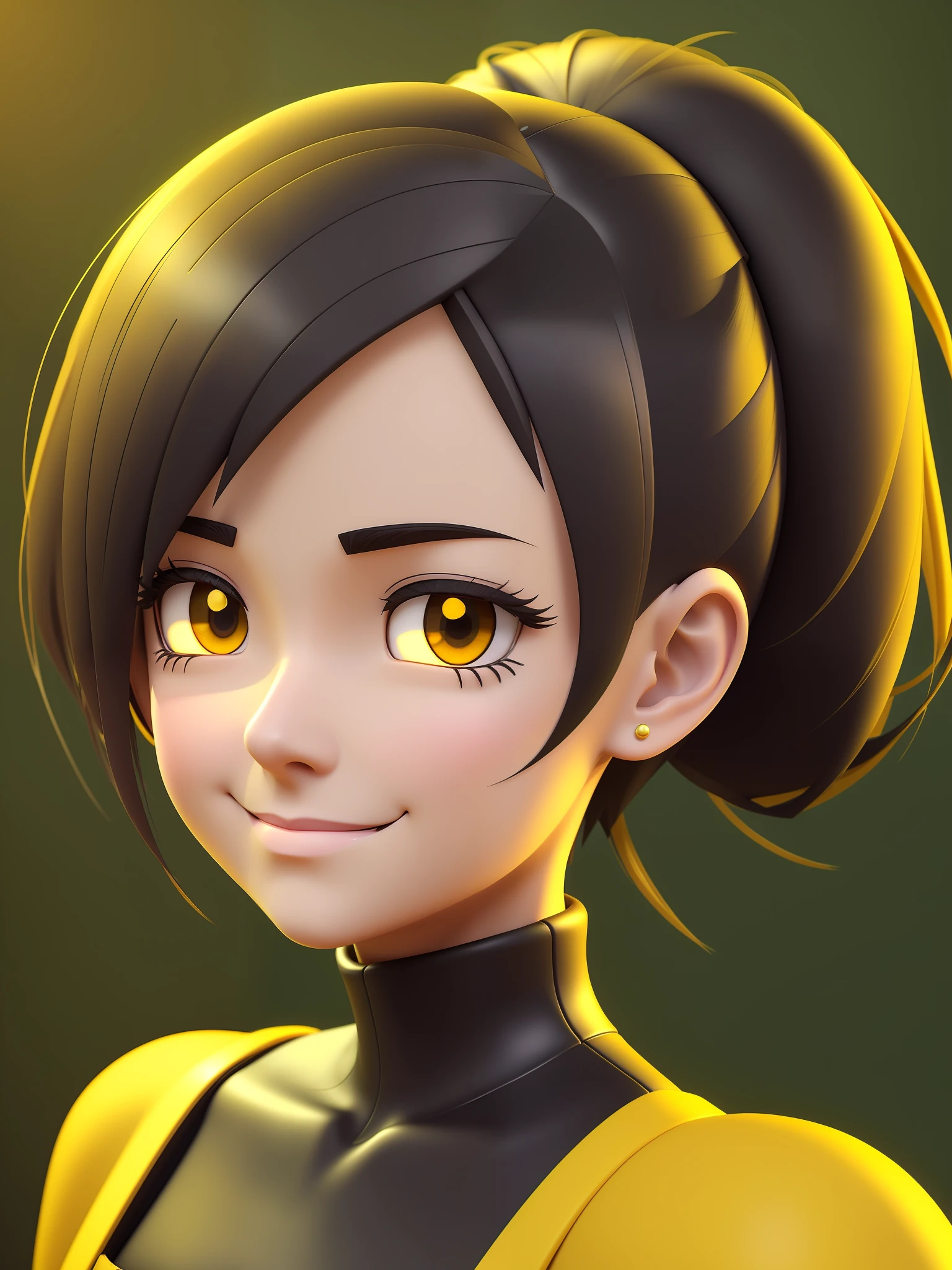Young girl, a cartoon character dark yellow outfit, (expression with melancholic smile), (hair up to shoulder), stylized character, animation character, stylized 3d render, 3d character, highly detailed character, stylized anime, stylized 3d, render character, character model, close up, maximum quality