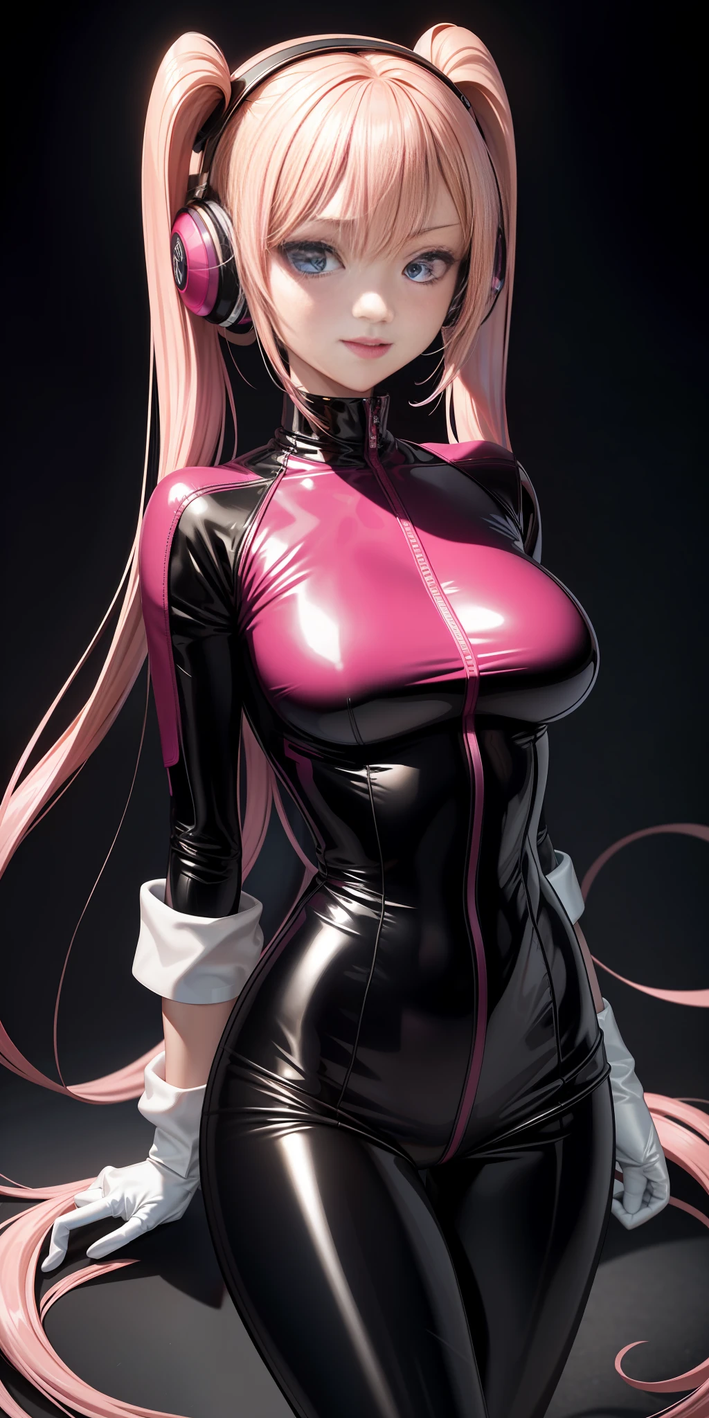 {{{masterpiece, best quality, illustration,game_cg}}} alice \(nikke\),1girl, latex bodysuit,pink bodysuit, carved bodysuit, {{{breasts out}}}, pink, headphones, twintails, shiny clothes, full body, bangs, long pink twintails, blush, gloves,  impossible clothes, latex, latex bodysuit, short jacket, skin tight, shrug \(clothing\), medium breasts, slim waist, perfect body, slim legs, long sleeves, looking at viewer, pink eyes, simple background, skin tight, smile, solo, posing, very long hair, white gloves, white hair, :D,,,