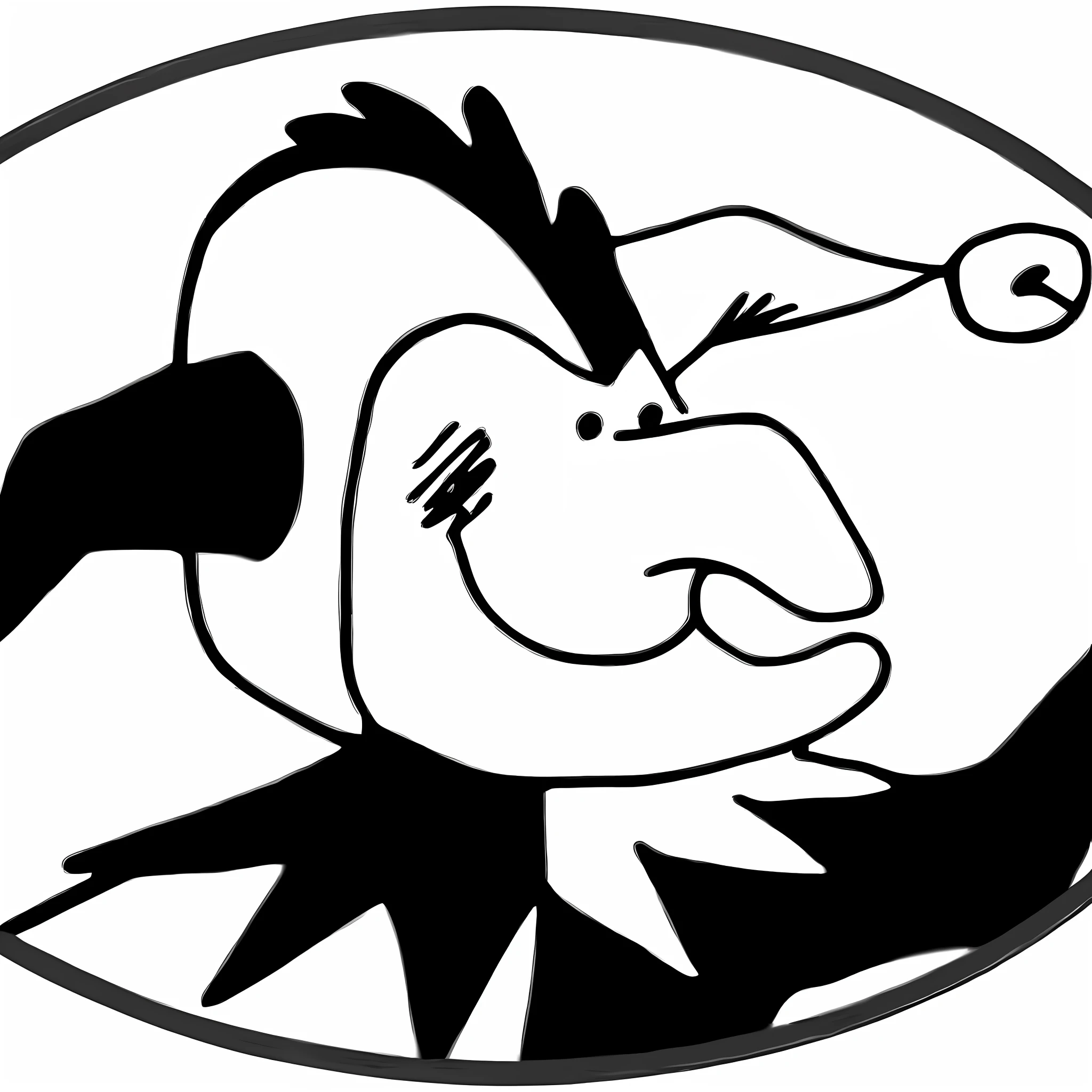 A black and white drawing of a witch with hat, face of crazy pulcinella, Loony Tunes style, line - art