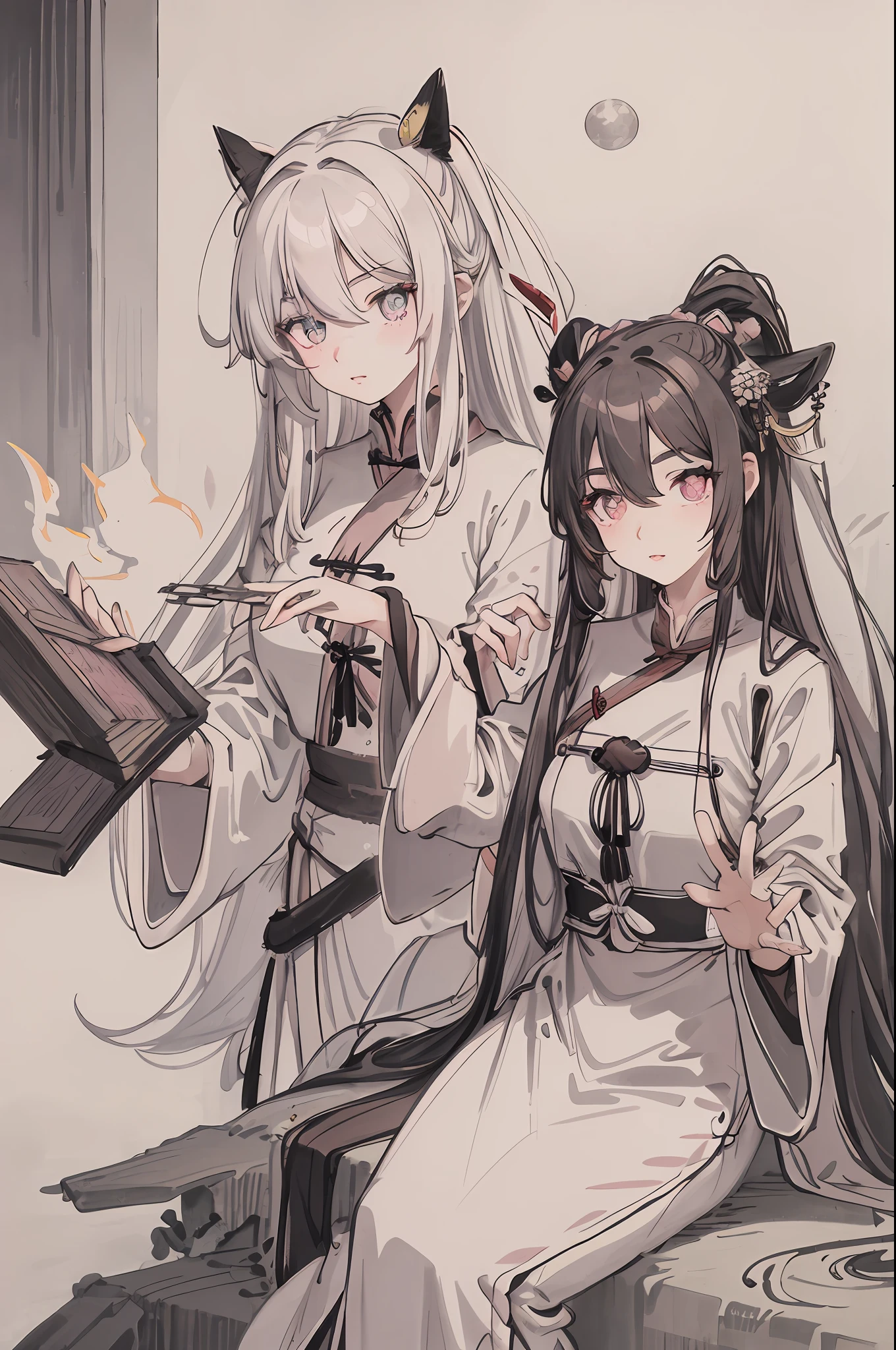 Masterpiece: Night full moon, long-haired mature woman, silver-white long-haired woman, light pink lips, calm and intellectual, three-band heterochromatic pupils, Taoismans