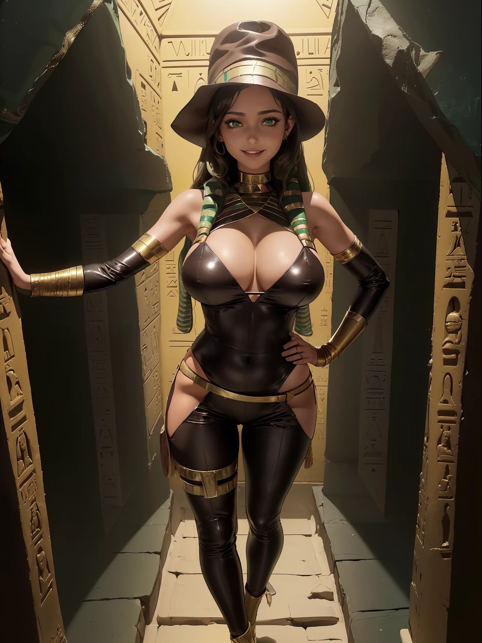 (Full body photo:1.5), (Laurana/Woman and a mummy/woman:1.5), (Large breasts:1.7), (Wearing Indiana Jones costume with brown leather hat/dark brown whip at waist:1.5), (looking at viewer/smiling:1.3), (She is inside a pyramid with a sarcophagus of an Egyptian king:1.5), (The mummy is behind her coming out of her sarcophagus:1.5), (She has short blonde hair:1.3), (dark green eyes:1.3), (her costume is an extremely tight body:1.5), (doing sexy poses while standing: 1.2), (award-winning, UHD, anime, high detail, 16k, high quality, masterpiece)