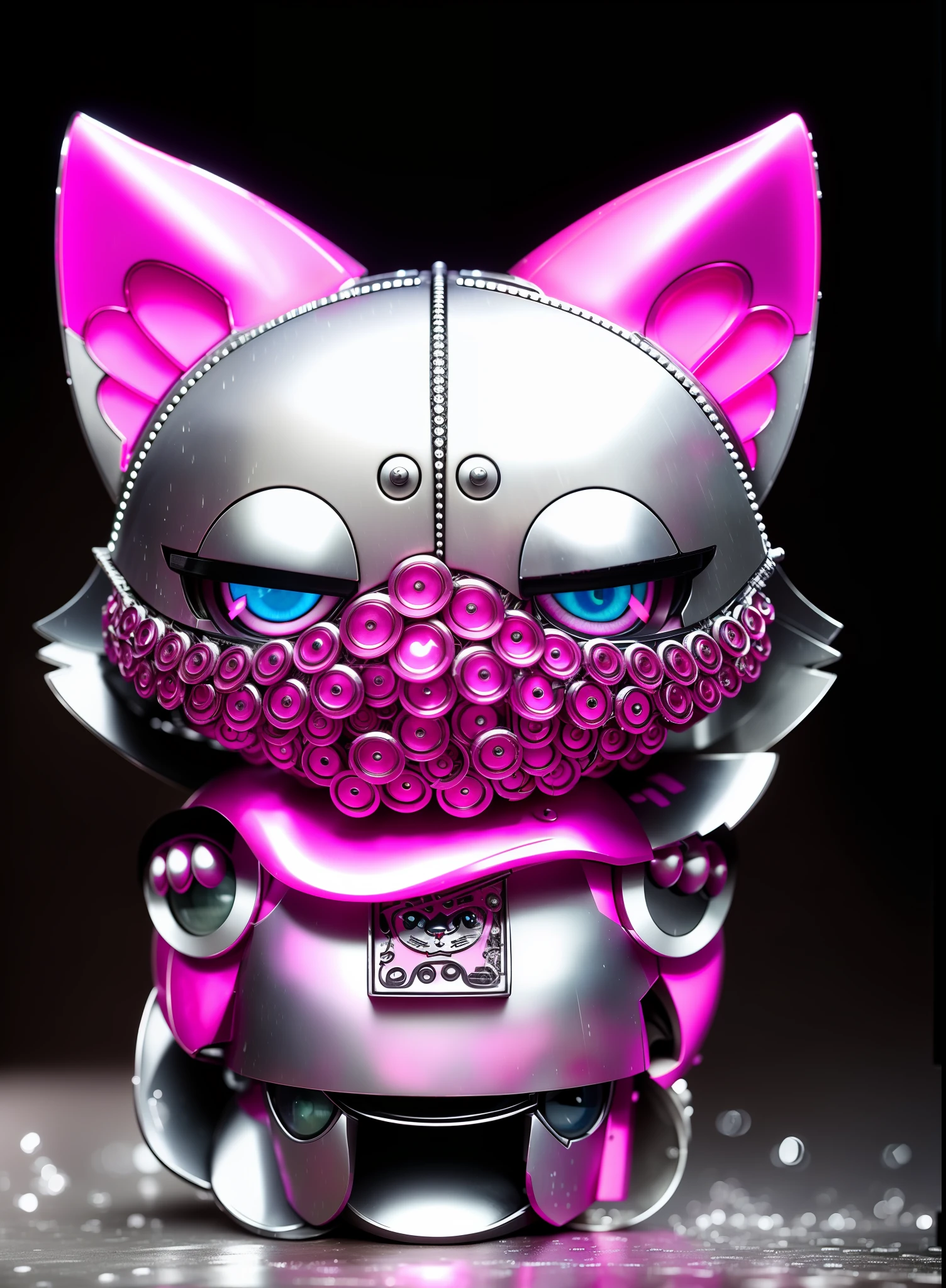 A cute kitten made of metal, heavy rain, raindrops, white and pink robot, cyberpunk style, ((intricate details)), HDR, (intricate details, super detailed)), movie shots, vignettes,