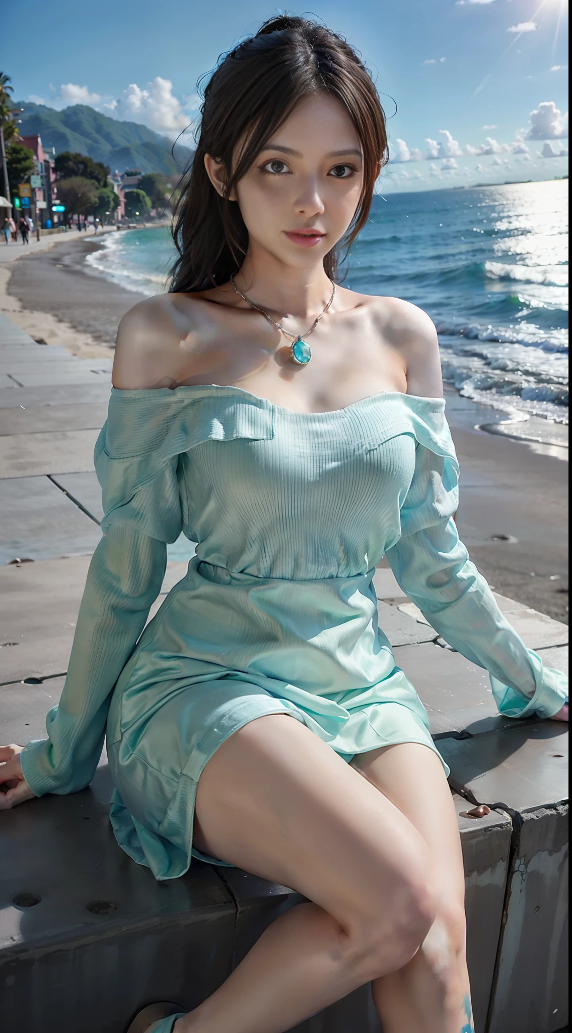 An asian girl, beautiful, young, slim, candy world, disneyland, ethereal, soft, green, blue, diamond, sparkling gemstones, background super realistic, super quality movie, full hd, painting well-lit, sunny, sunny, daytime, ocean, beach