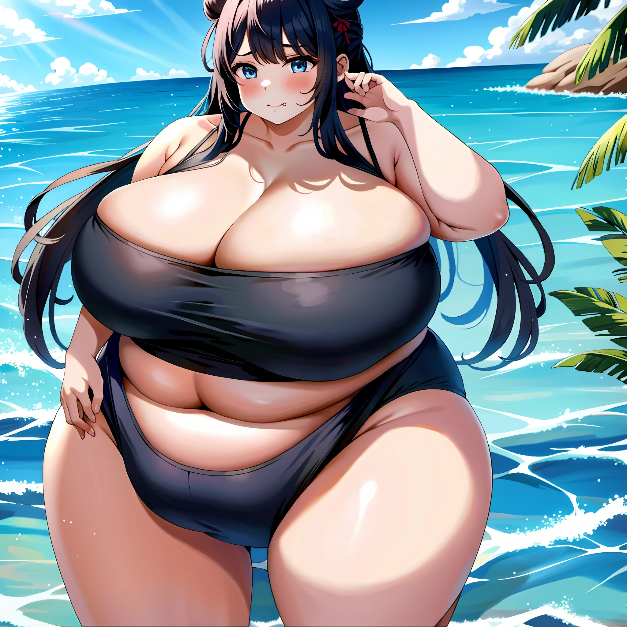 1girl, bbw, volumptuos body, big boobs, perfect anatomy ,swiming clothes, hungry girl, beach, masterpiece, best quality