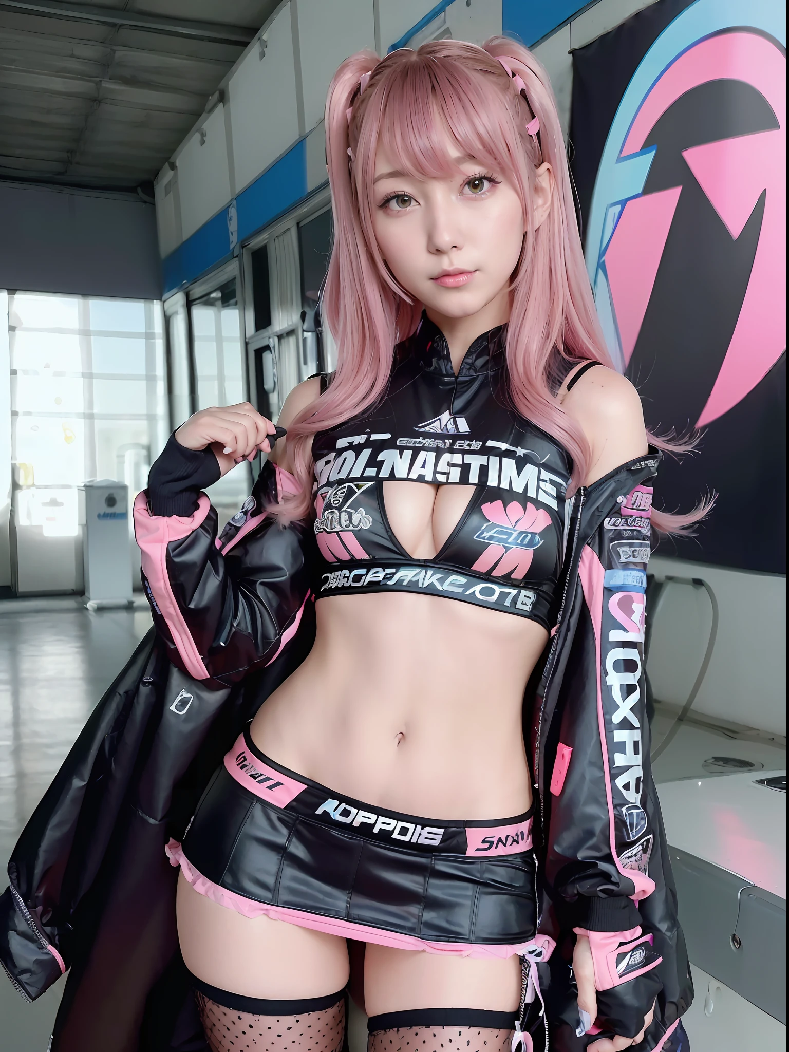 Top Quality, Ultra High Resolution, (Photorealistic: 1.4), (Pink Long Hair: 1.3), (Azure Lane\), One Girl, (Kpop Idol), Watch Audience, Detailed Face, Contrappost, Smooth Skin, Perfect Anatomy Professional Lighting, Futuristic Fashion, Streetwear, High-Tech Fabric, Racing Suit, Fireproof Material, Elbow and knee pads, racing gloves, personalized embroidery, sports car background with pits, mini skirt, belly button, pink hair, Suzuka circuit, circuit home straight