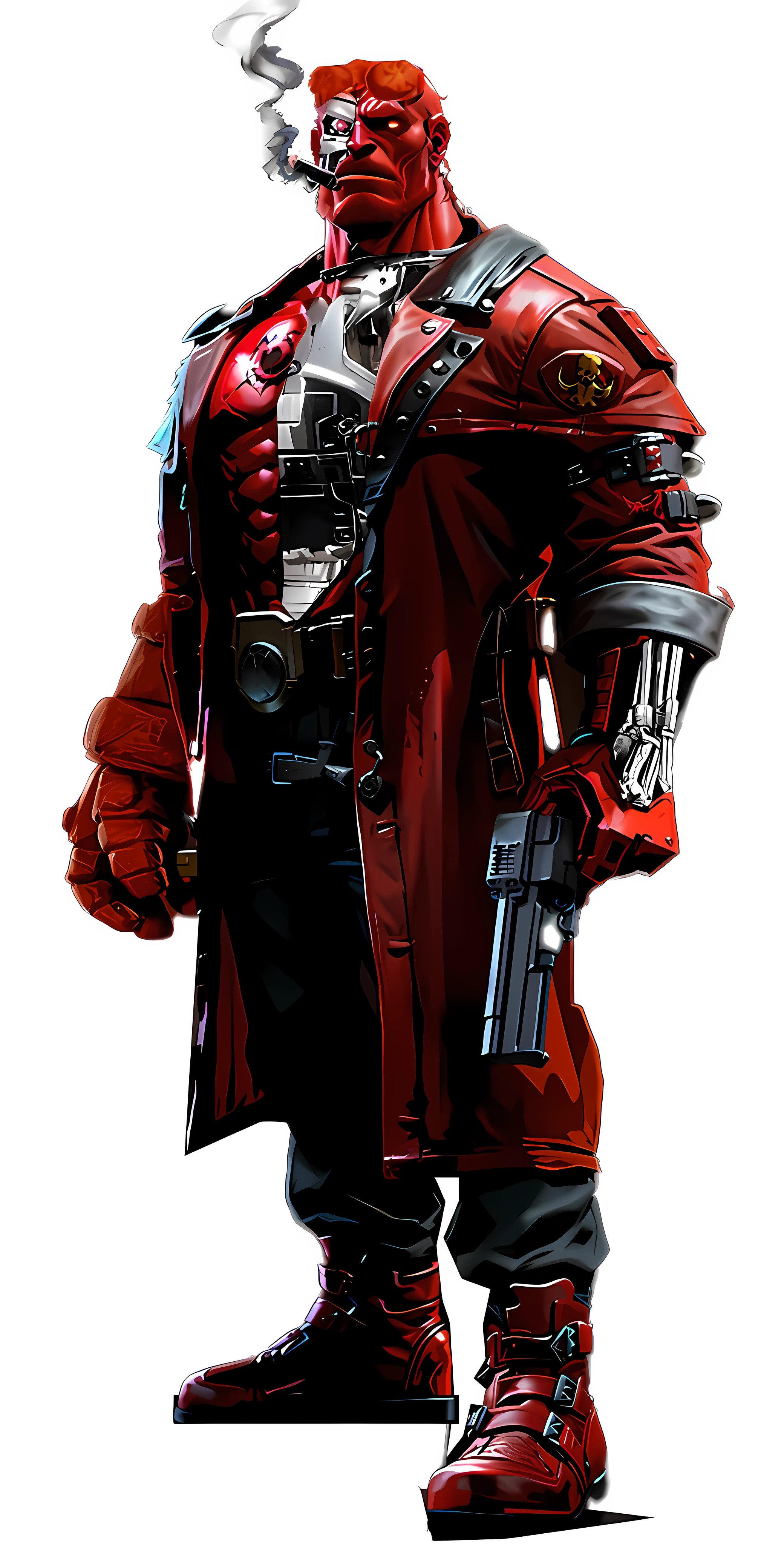 1 man, digitally painted, Terminator and Hellboy crossed, standing, full length, white background, balding, bearded, pair of sawn-off red horns on head, face half Hellboy and half Terminator, red well-developed muscles, half chest revealing Terminator's mechanics, wearing Hellboy's trench coat and utility belt, one red arm revealing Terminator's metal endoskeleton, holding a pistol, other hand wearing huge red metal glove, cigarette in mouth ,