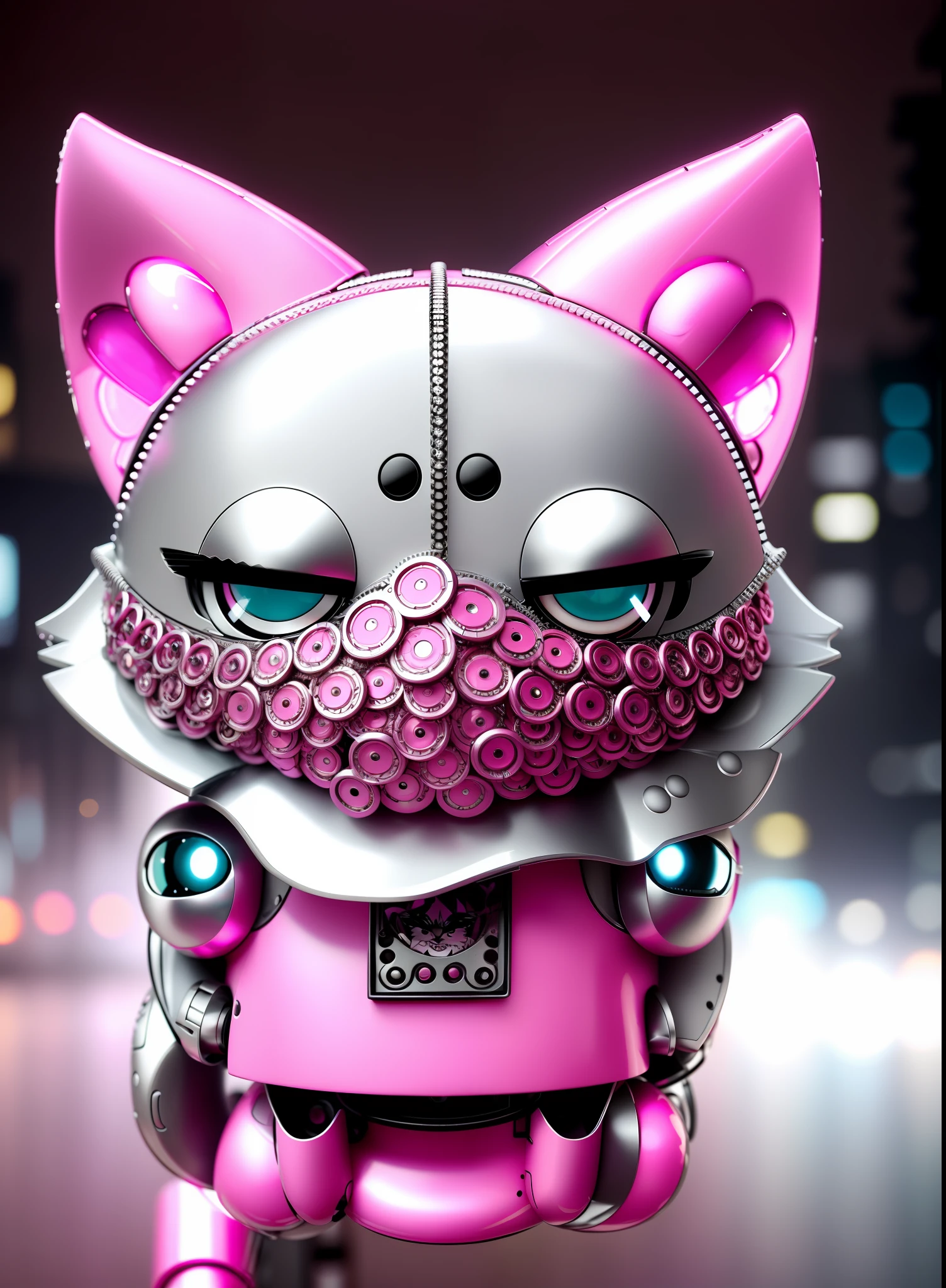A cute kitten made of metal, heavy rain, raindrops, white and pink robot, cyberpunk style, ((intricate details)), HDR, (intricate details, super detailed)), movie shots, vignettes,