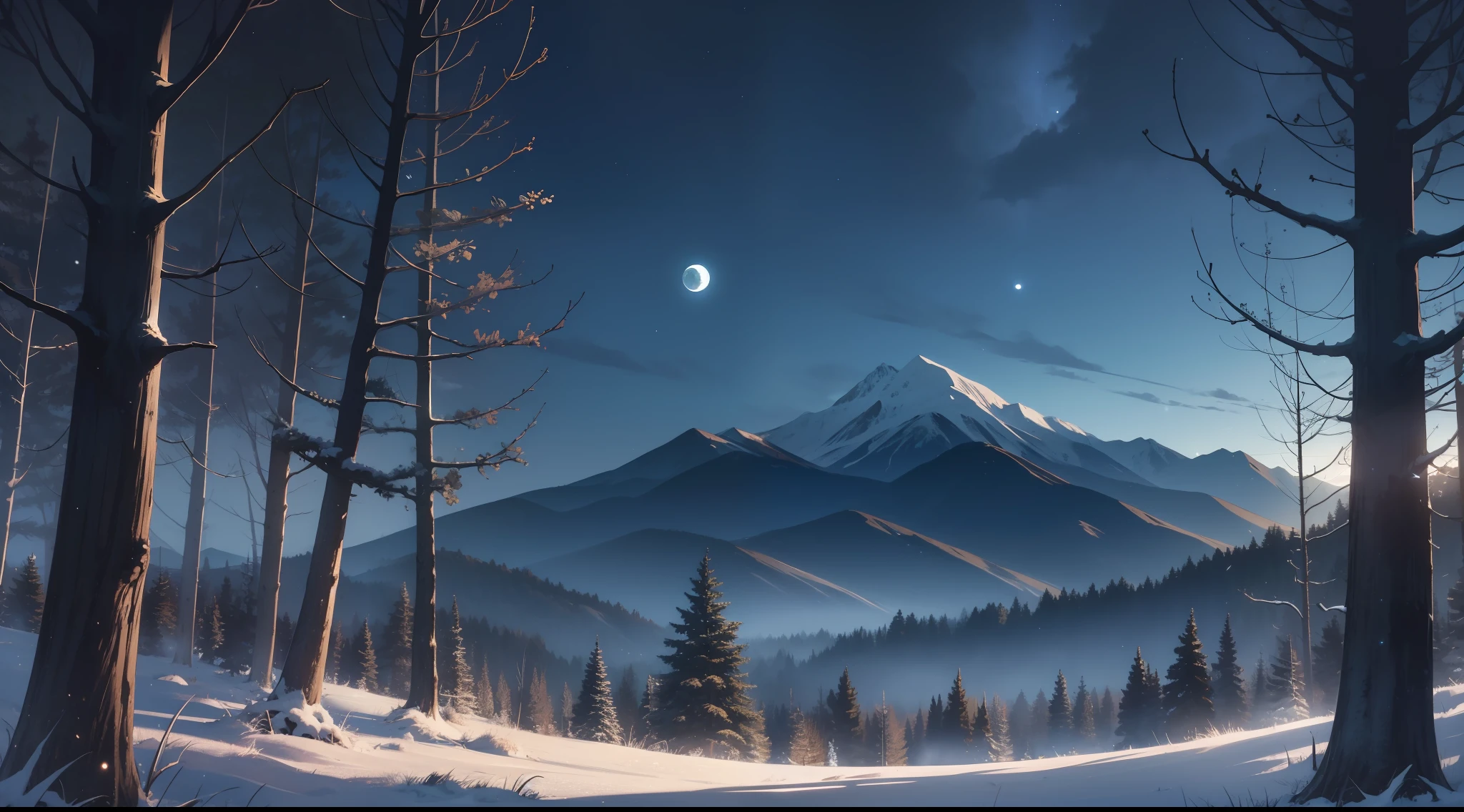 a dark and gloomy forest with dark blue night sky, well-marked shadows and low light with a bright moon that partially illuminates and the mountains on the horizon