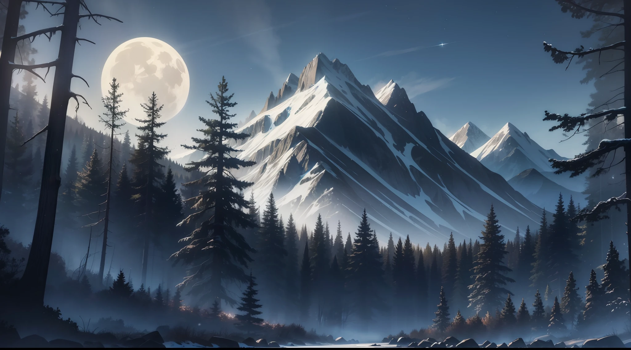 a dark and gloomy forest with dark blue night sky, well-marked shadows and low light with a bright moon that partially illuminates and the mountains on the horizon