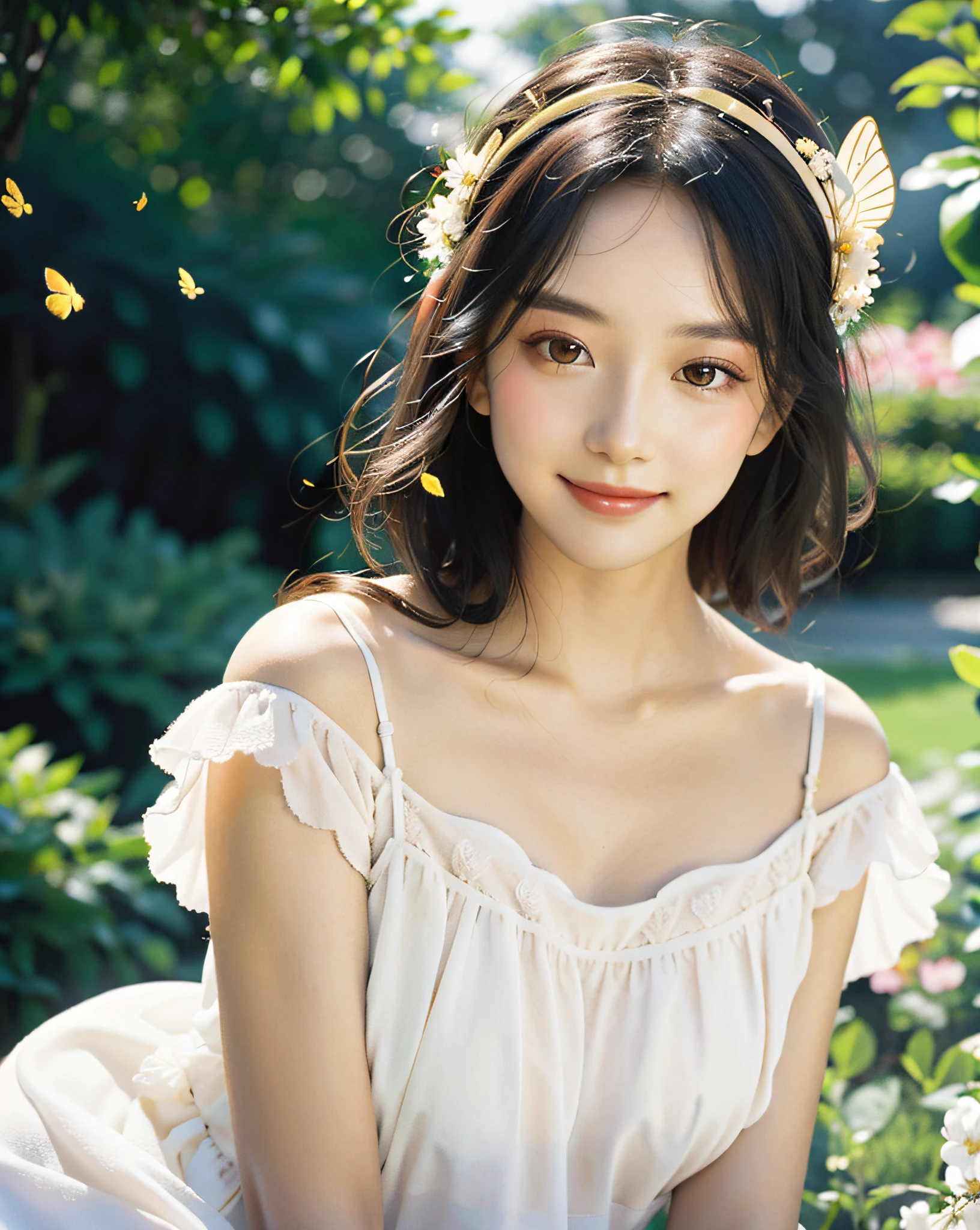 1girl, sunny day, happy, smile, flowing sundress, floral headpiece, delicate makeup, (luminous eyes, smooth skin texture, gentle facial expression), golden hour lighting, serene garden setting, butterflies or flower petals, depth of field, warm color palette, whimsical atmosphere, high-resolution, soft focus. portrait photography, 35mm film, natural blurry, filmg,