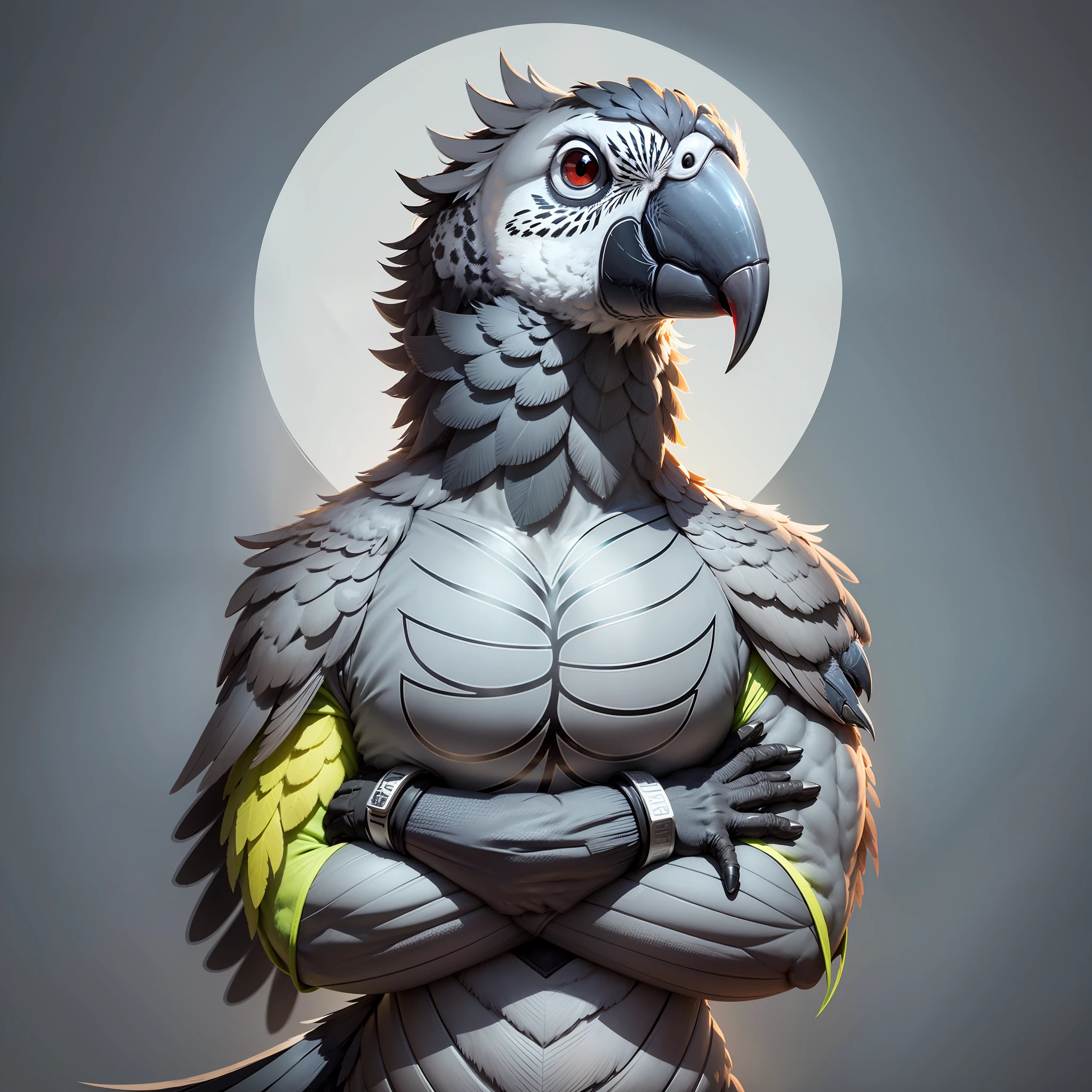 Style football team mascot, symbol, logo, a single parrot, African grey, strong, muscular, arms crossed, slight smile, brave parrot face, black eyes, grey and black colors, high quality, 4k.