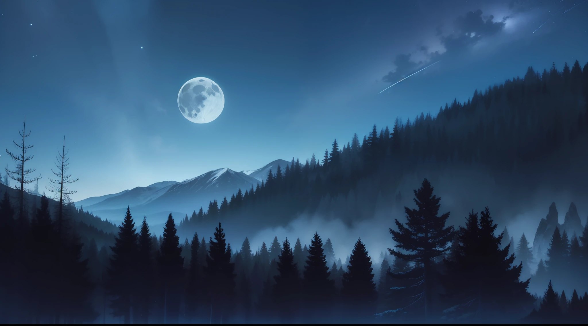 a dark and gloomy forest with dark blue night sky, well-marked shadows and low light with a bright moon that partially illuminates and the mountains on the horizon