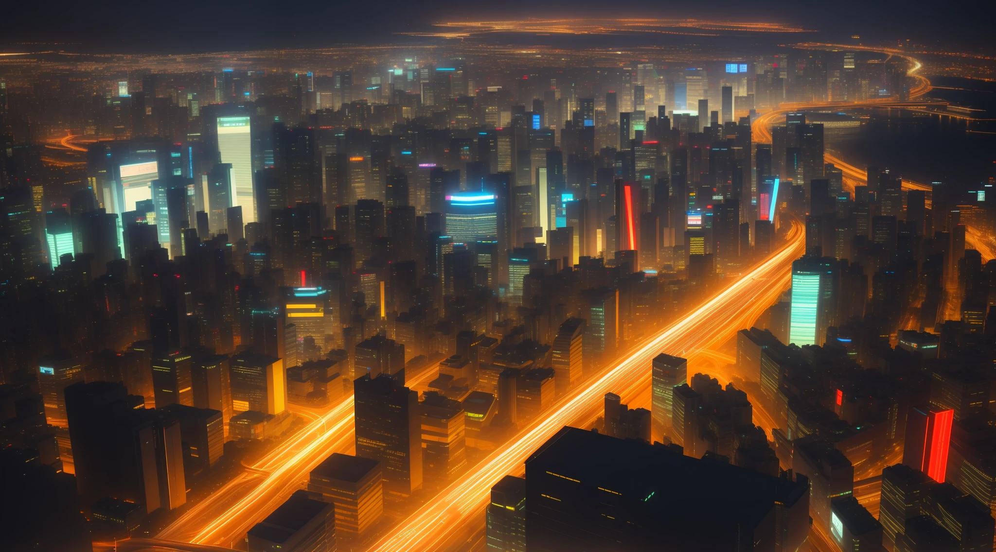 View of a city at night with a highway and traffic, megacity streets seen from above, bustling cityscape, Tokyo at night, futuristic and clean Tokyo, Japanese city at night, the city that never sleeps, vibrant city lights, Tokyo city in the background, futuristic cyberpunk Tokyo night, aerial view of a cyberpunk city