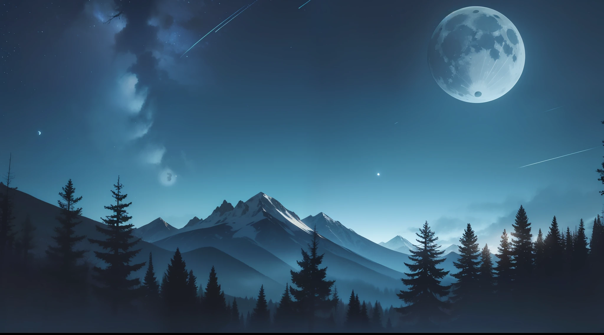 a dark and gloomy forest with dark blue night sky, well-marked shadows and low light with a bright moon that partially illuminates and the mountains on the horizon