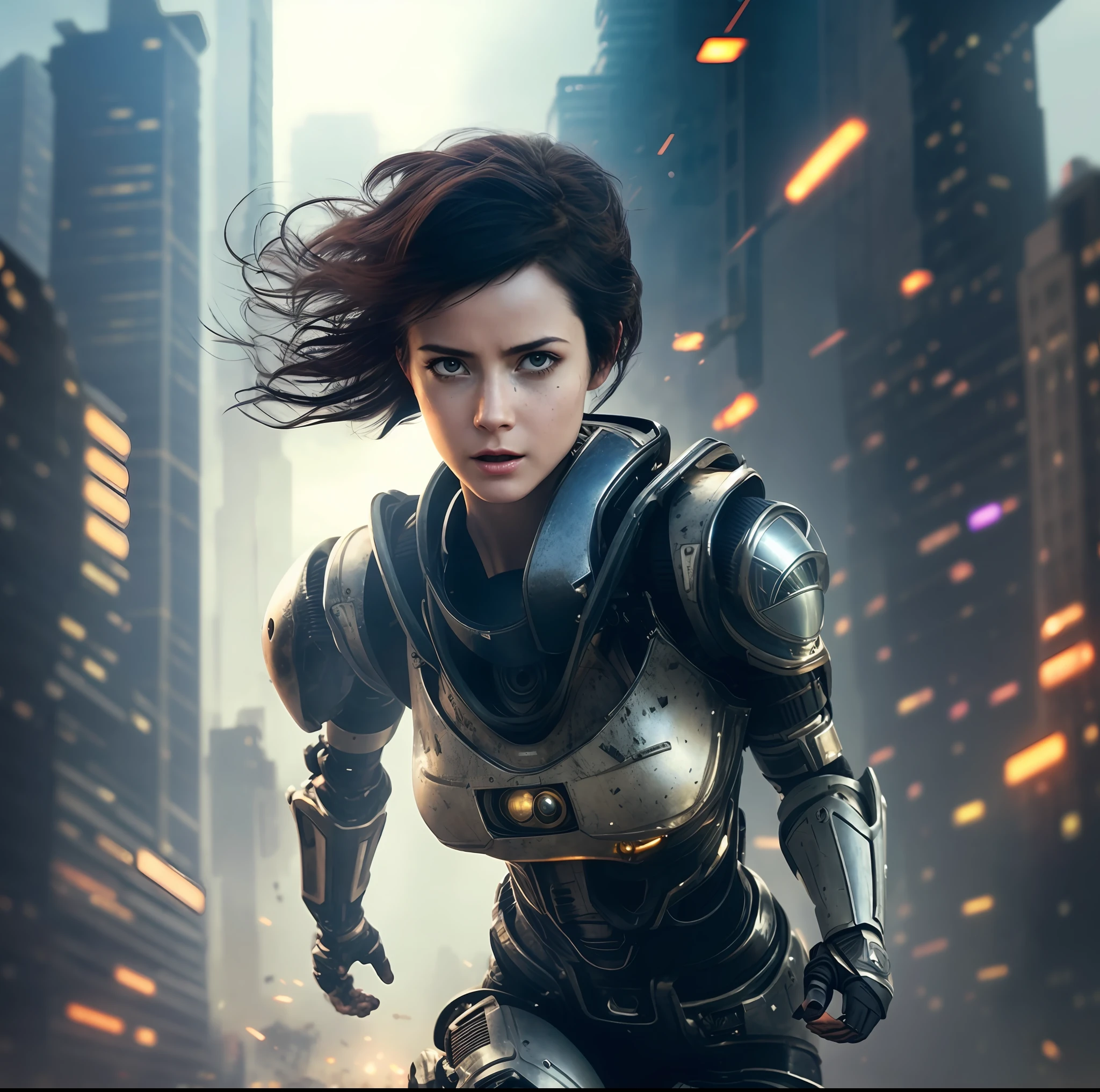 A closeup of a woman in a futuristic costume running through a city, Alita battle angel, battle angel, armored astronaut girl portrait, girl in knight armor, battle angel Alita, Alita, girl in cybernetic mecha armor, scifi woman, in a science fiction movie, Wojtek Fus, Ana of arms as Joan of Arc,  still of Alita, fighting with aliens