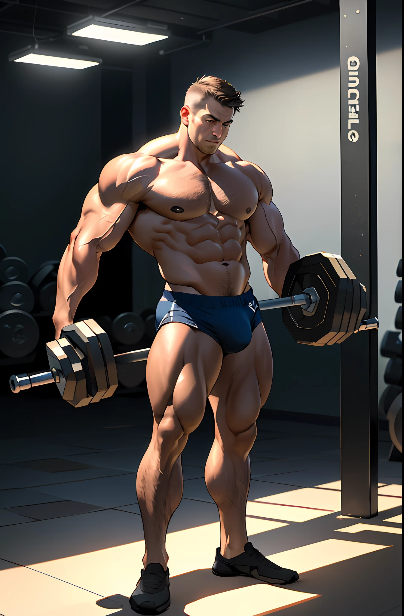 Best quality, masterpiece, expressionless, ultra high resolution, detailed background, realistic, 1 man, solo, male, muscular, mature male, short hair, standing, only in underwear, bodybuilder, bodybuilder pose, gym, with dumbbells, bodybuilder, real shadow and light, depth of field.