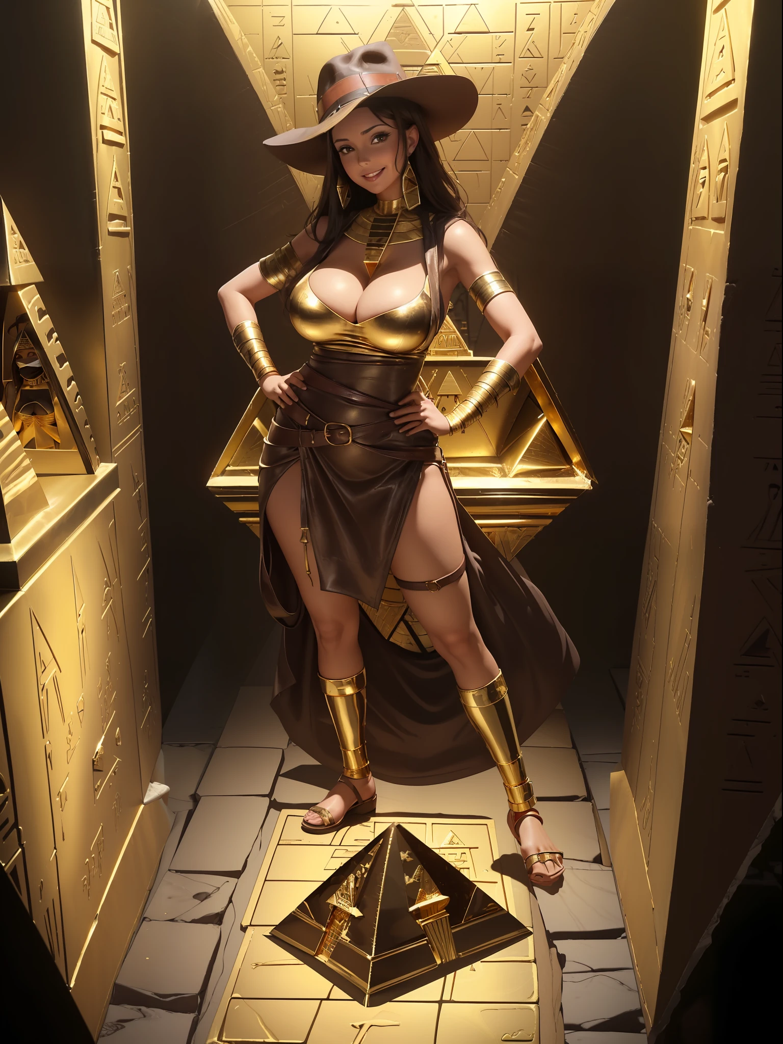 (Full body photo:1.5), (Laurana/Woman:1.5), (Big breasts:1.7), (Wearing Indiana Jones costume with brown leather hat/dark brown whip at waist:1.5), (Looking at viewer/smiling:1.3), (She's inside a pyramid next to a gold sarcophagus with a mummy inside:1.7), (She has short blonde hair: 1.3), (dark green eyes: 1.3), (his costume is an extremely tight/short body: 1.7), (doing sexy poses while standing: 1.2), (award-winning, UHD, anime, high detail, 16k, high quality, masterpiece)