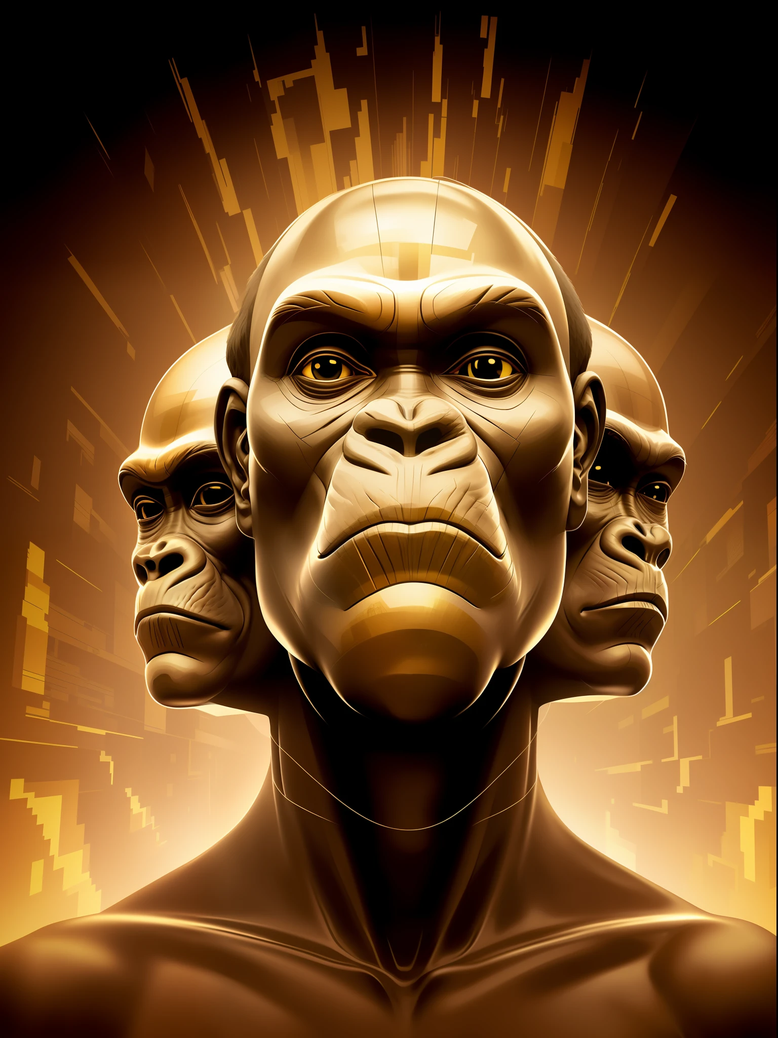 the three faces of the poster person, 3 heads, three heads, high resolution printing: 1 cmyk :1, heads, giant ruins of the golden head statue, head, symmetic face, by Eduardo Paolozzi, three heads one body, dio mild, many heads, inspired by Sir Jacob Epstein, symmetrical face, right head is of one (gorilla), the left head of one (gorilla the three faces are laterally together, no body, only the head head, looking at the viewer, the middle head is of a (man), blurred black image background, focus only on the heads