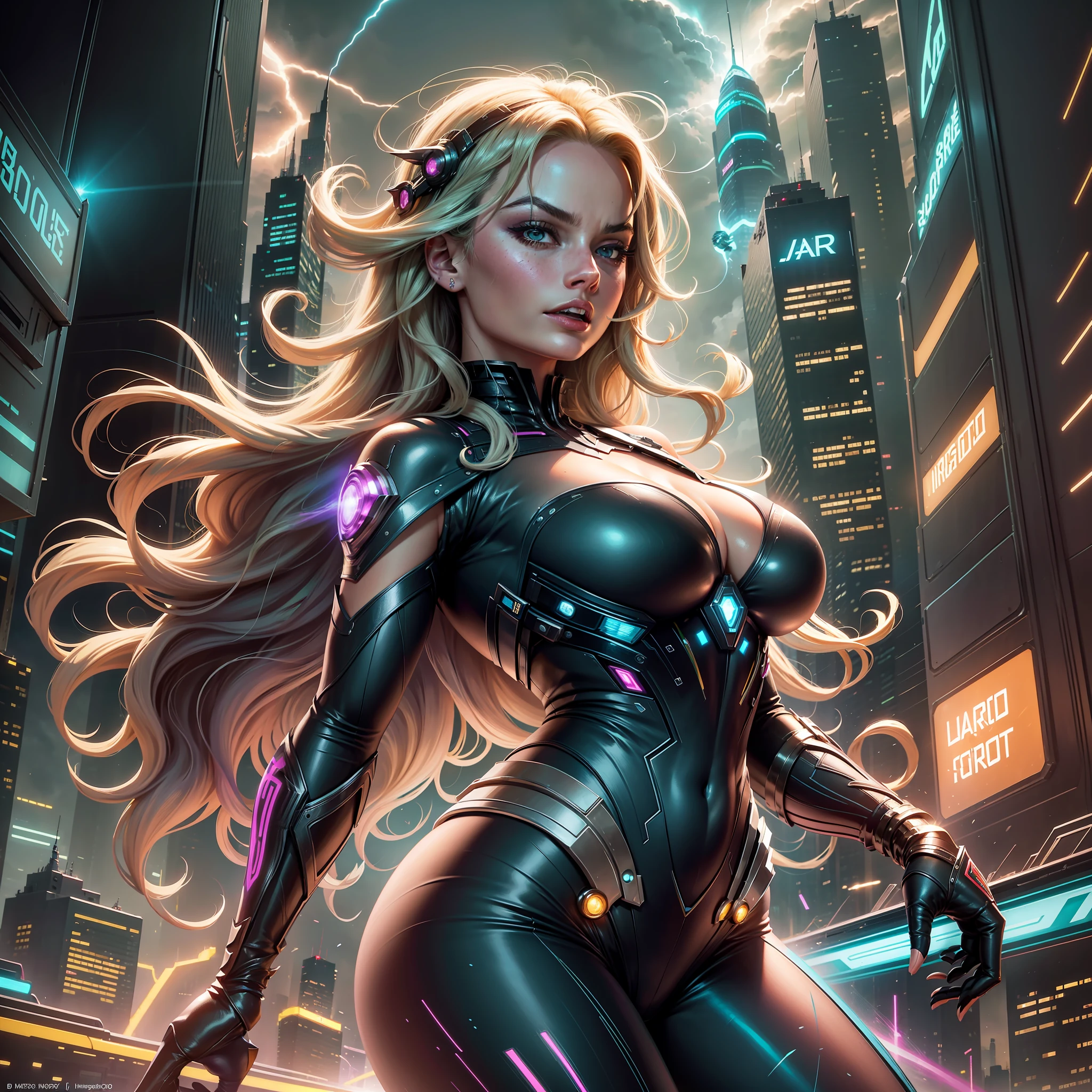 Margot Robbie in a superhero costume, with her big breasts, in the middle of a futuristic city filled with bright skyscrapers and neon lights, flying at high speed, with determined expression and flowing hair, conveying an aura of empowerment and heroism, Illustration, digital art, --air 16:9 --v 5 --auto --s2