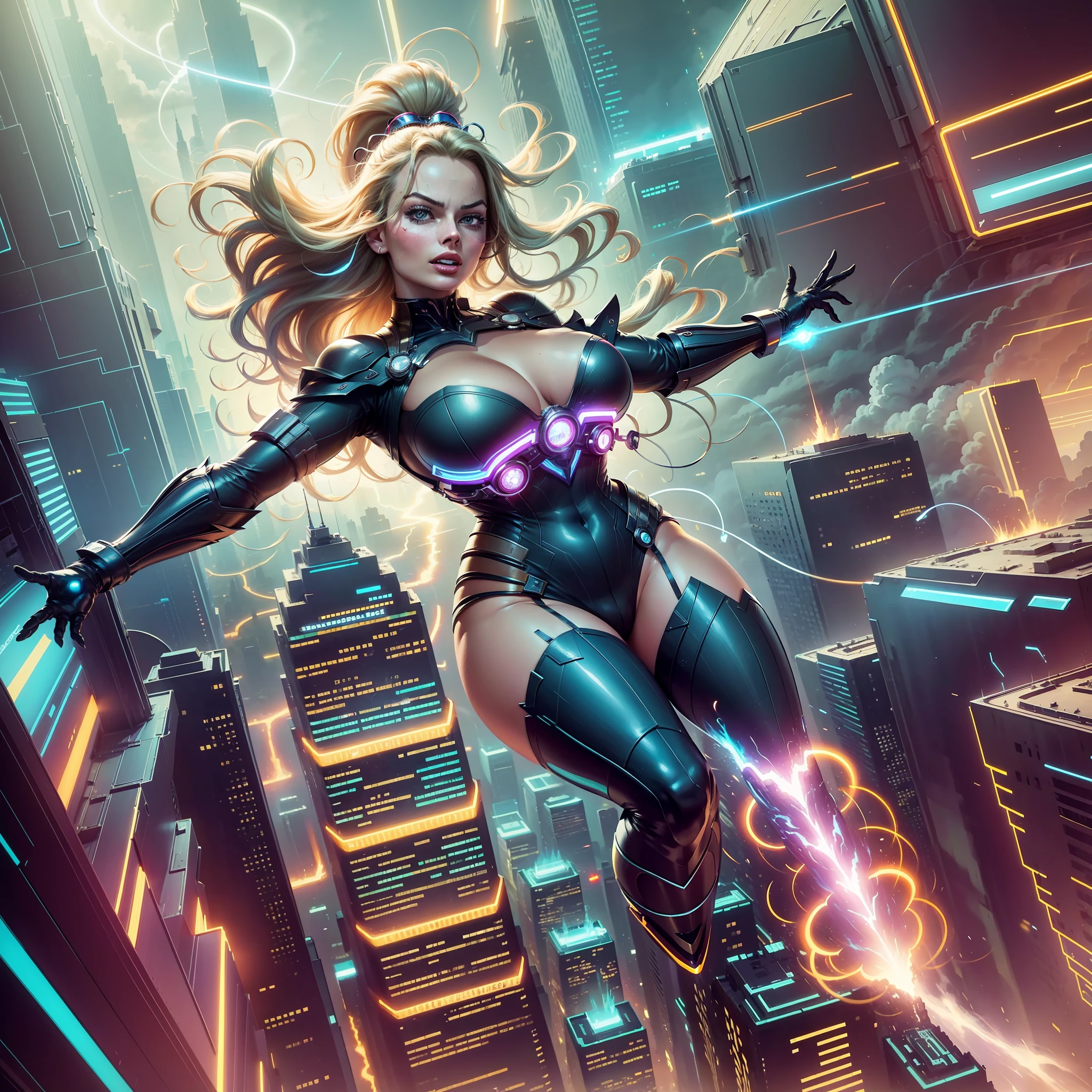 Margot Robbie in a superhero costume, with her big breasts, in the middle of a futuristic city filled with bright skyscrapers and neon lights, flying at high speed, with determined expression and flowing hair, conveying an aura of empowerment and heroism, Illustration, digital art, --air 16:9 --v 5 --auto --s2