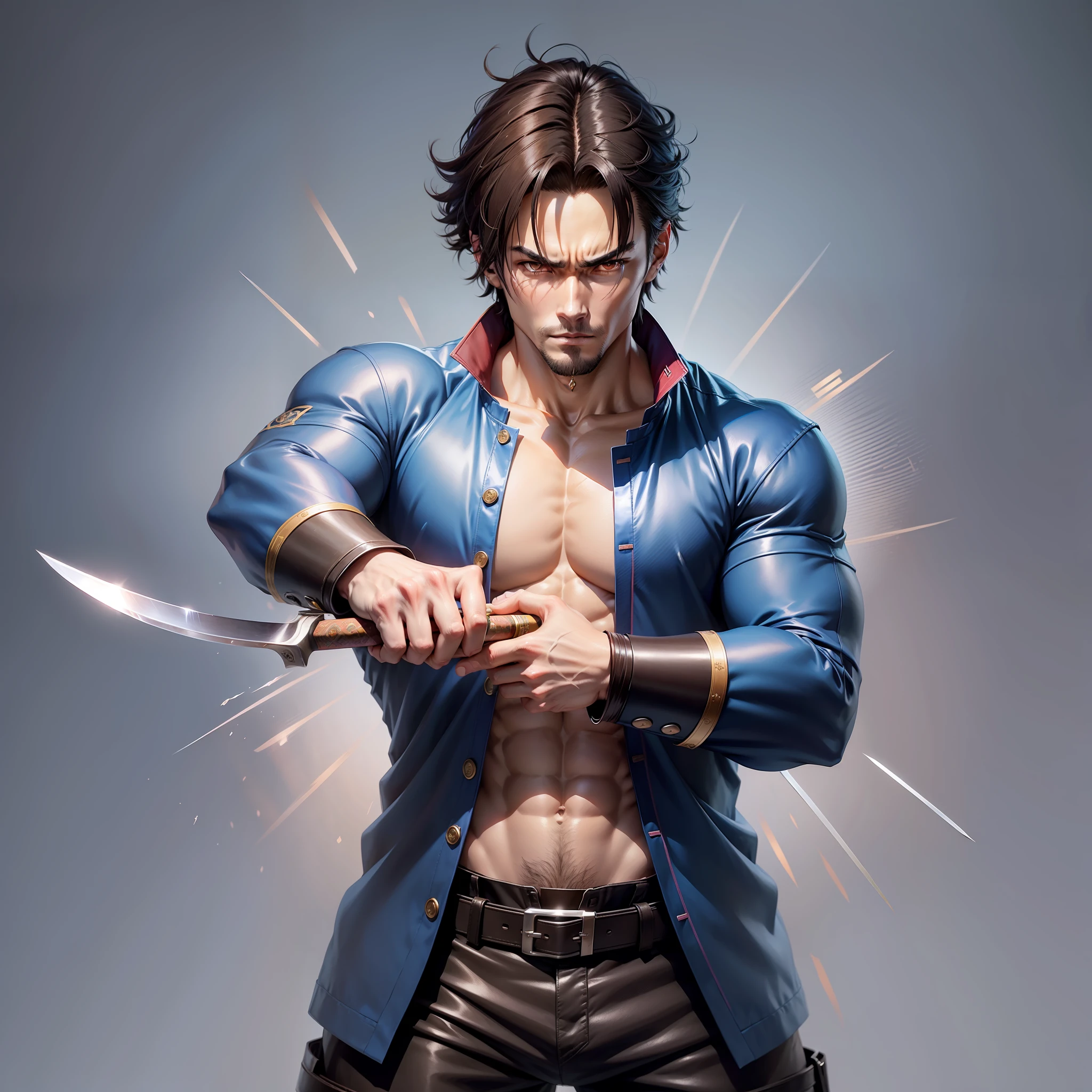 there is a man with a shirt holding a knife, cute anime pose, handsome anime man, male anime character, handsome guy in demon slayer art, badass 8k anime, hyper realistic anime, realistic 3 d style anime, murata gamma and artgerm, as a character in tekken, anime character, male anime style, 3 d realistic anime Image of bank boy, approximately 14 years of mature appearance, brown eyes, (straight hair up to shoulder height) and dark brown color, without beard or goatee, dressed in Japanese school-style jacket of blue color and open showing muscular body and no shirts underneath, holding Japanese long-bladed sword, anime handsome man, male anime character, cute anime pose