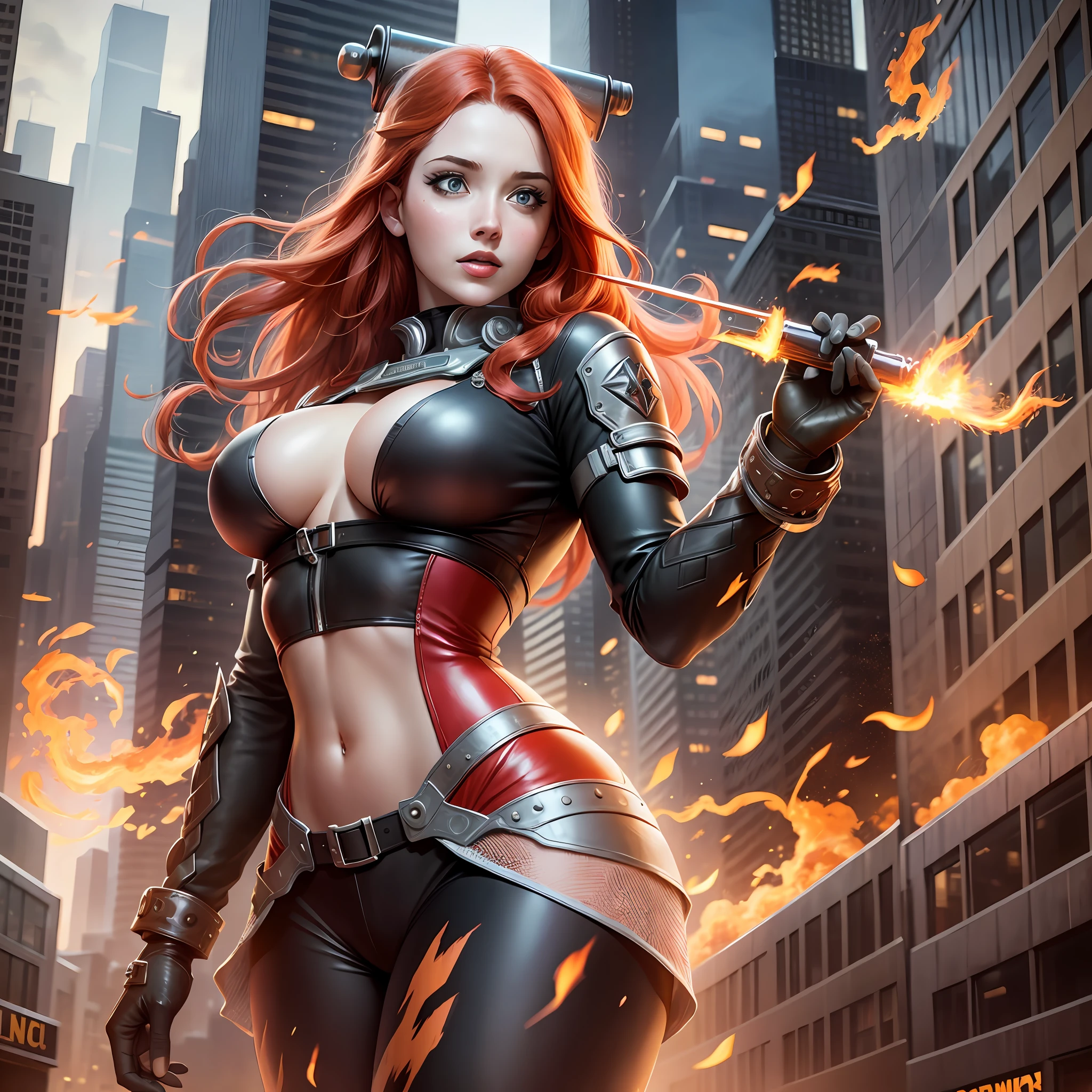Woman big boobs redhead high in the city catching fire super realism well detailed full hd