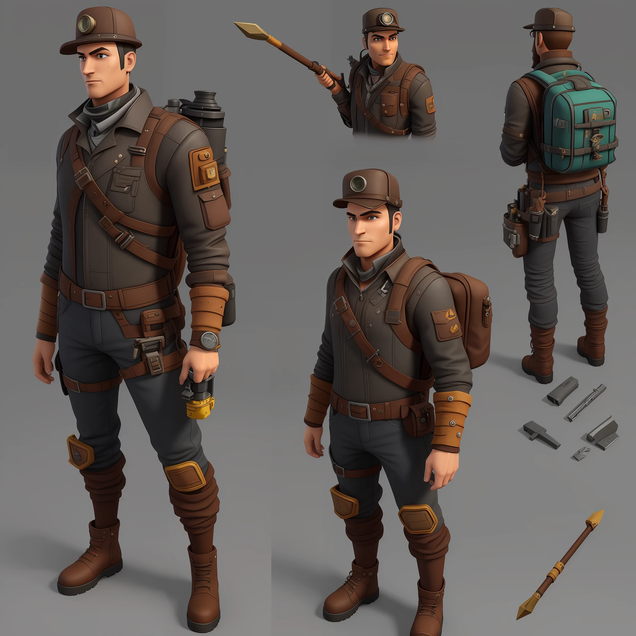 Create a fortinite skin with backpack and steampunk 3d pickaxe