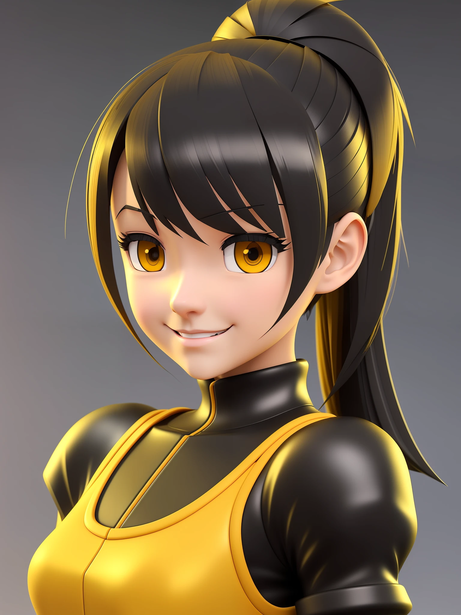 Young girl, a cartoon character dark yellow outfit, expression with (melancholic smile), (hair up to shoulder), stylized character, animation character, stylized 3d render, 3d character, highly detailed character, stylized anime, stylized 3d, render character, character model, close up, maximum quality