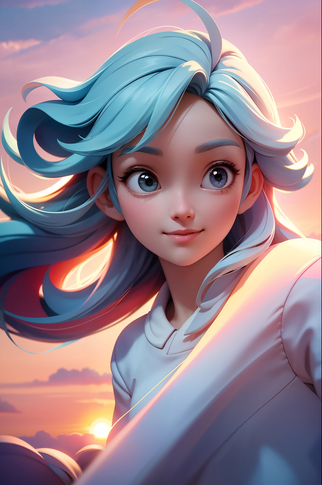 masterpiece, best quality, movie still, 1girl, cloud girl, floating in the sky, close-up, bright, happy, warm soft lighting, sunset, (sparks:0.7)