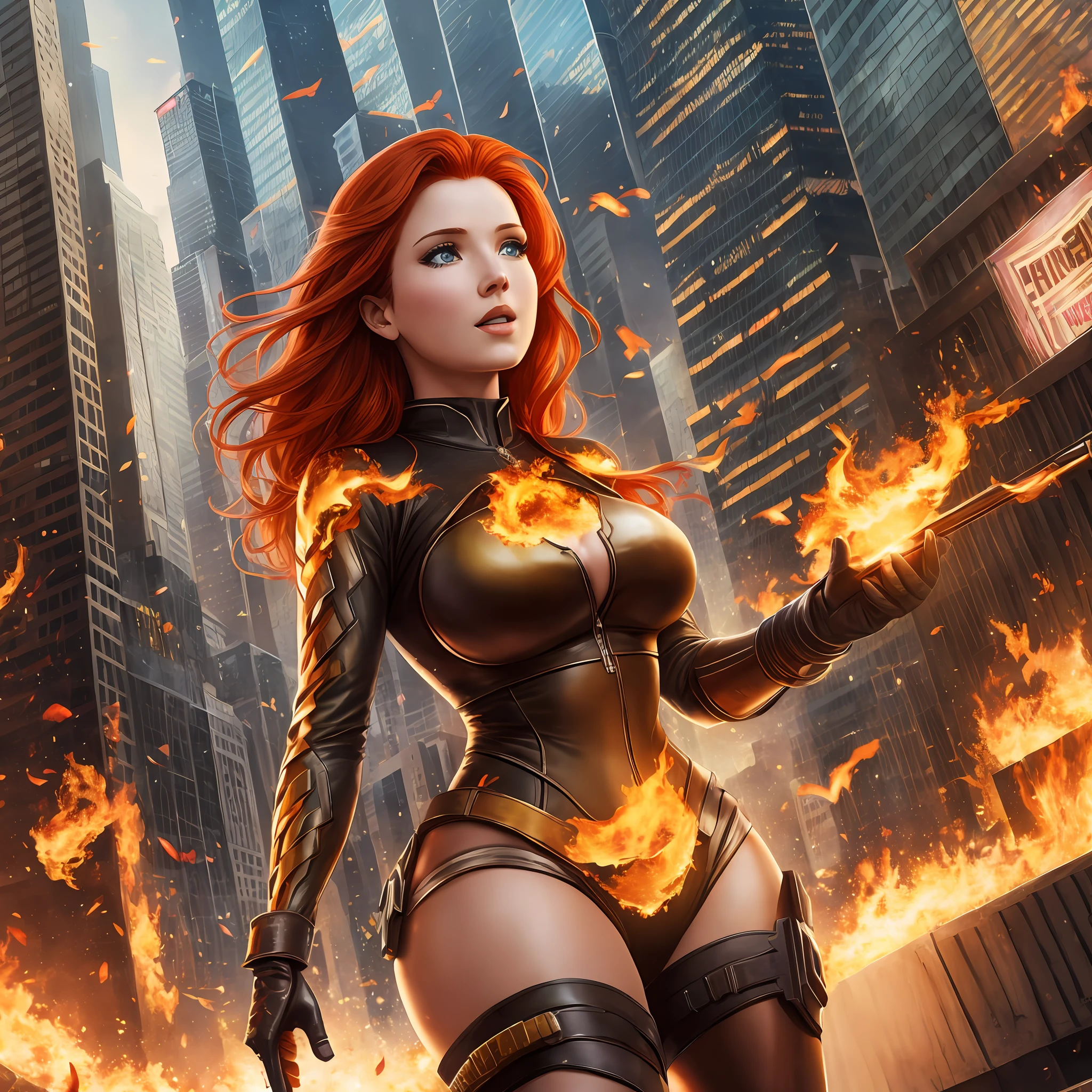 Woman big boobs redhead high in the city catching fire super realism well detailed full hd