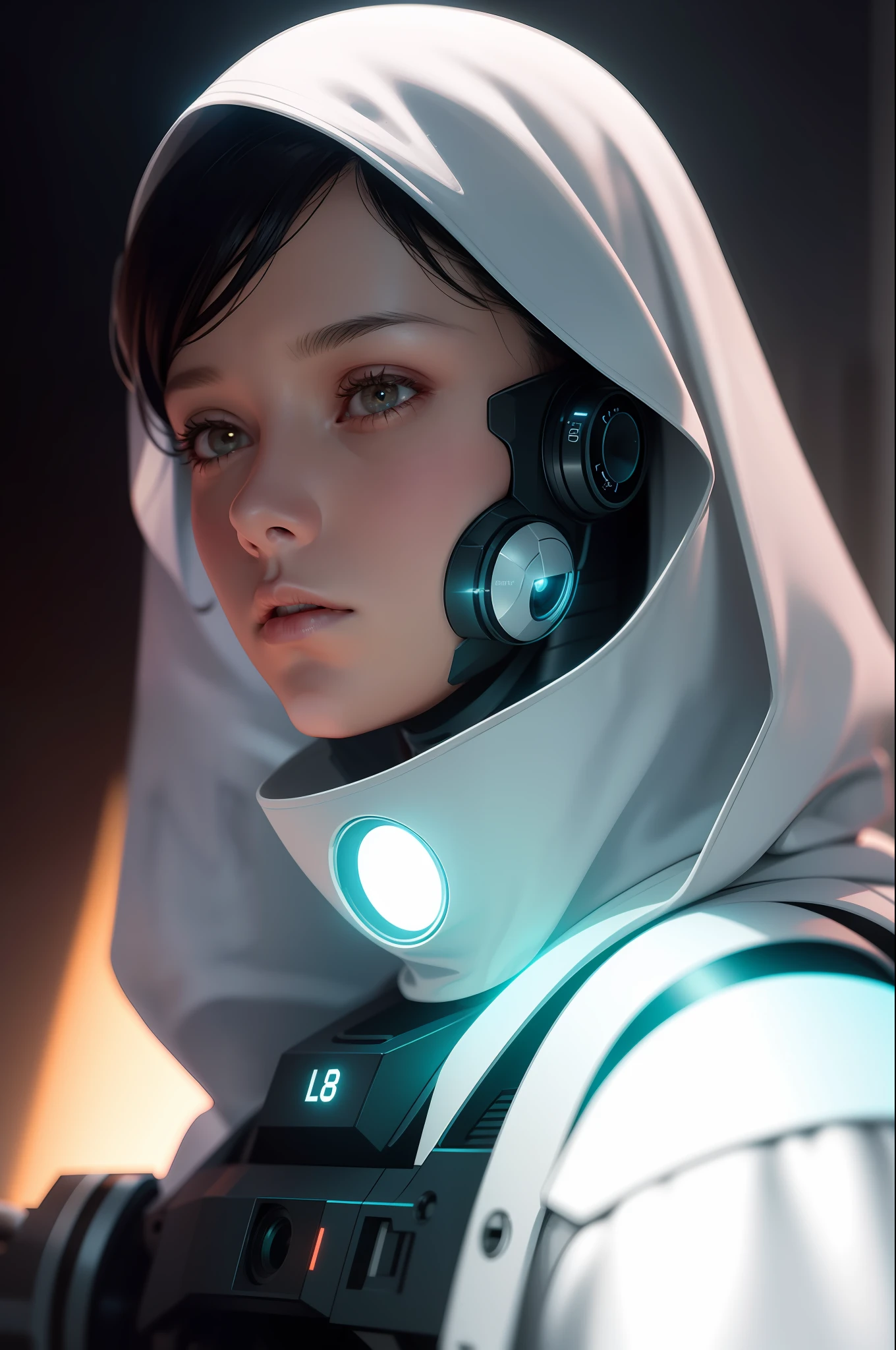 (editorial close-up portrait of cyber ghost), hack, code, cyborg, sci-fi, sharp focus, dof, bokeh, extremely detailed, intricate, realistic, (film grain), cinematic, POV, shot on nikon d850, film stock photograph, 4 kodak portra 400, f1.6 lens, rich colors, hyper realistic, lifelike texture, dramatic lighting, cinestill 800