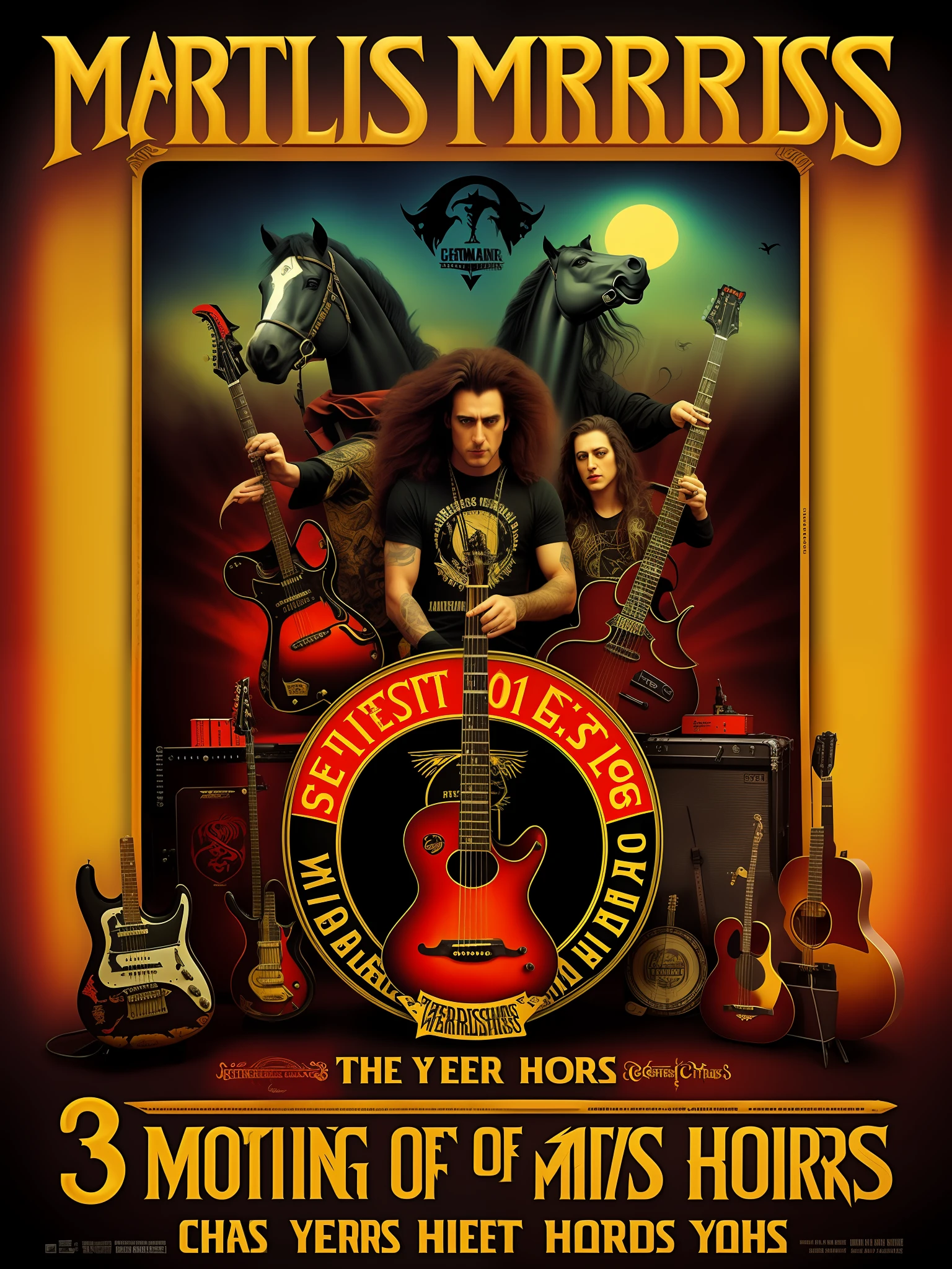 Poster circus of horrors metalheads acoustic drums realistic style 80s guitars horses mustang car mustang film title: mustang 3 years