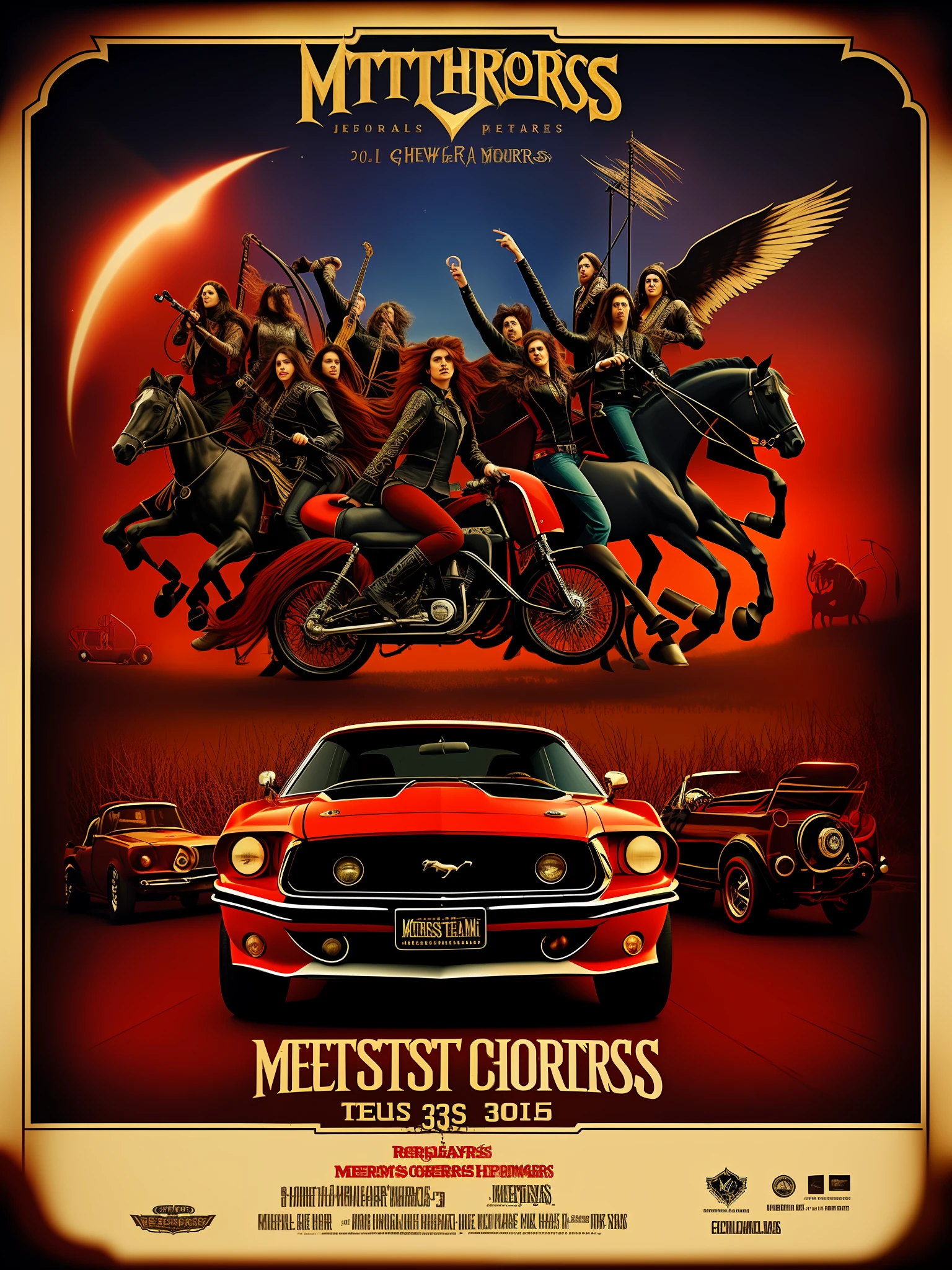 Poster circus of horrors metalheads acoustic drums realistic style 80s guitars horses mustang car mustang film title: mustang 3 years