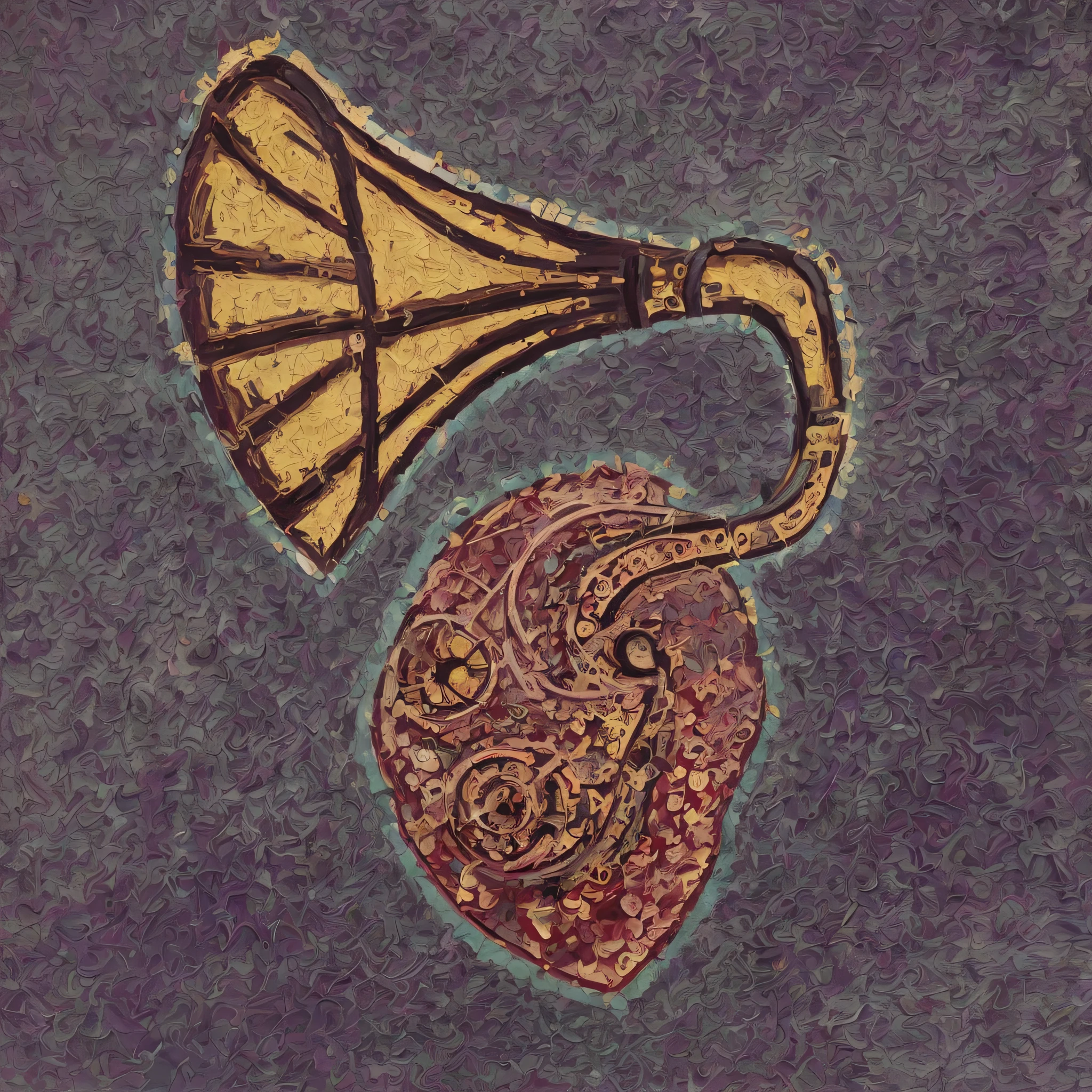 painting of a heart and a horn horn on a purple background, connected to heart machines, inspired by Hovsep Pushman, real heart, anatomically correct heart, music is life, vibing to music, horn, single horn, aorta, heart effects, mechanical heart in center, band, musician, inspired by Oskar Lüthy, musicality