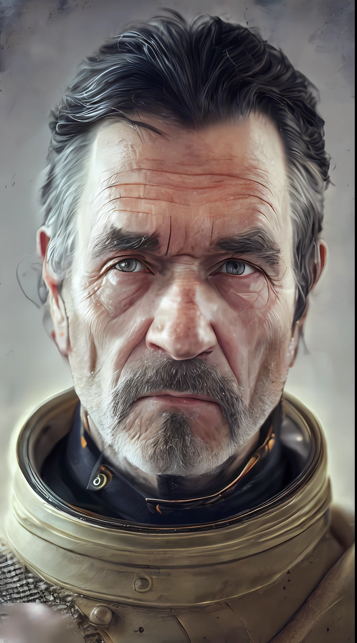 Nordic man 50 years, black hair, detailed face, scar on face, upper body, 3/4 flat, (closeup:0.9), (skin pores:1.1), 4k, hyper-realism, realistic, hyper-realistic, high resolution, in the artistic style of Filip Hodas, 35mm lens, cinematic, soft lighting, realistic epic, faded, ((neutral colors)), (hdr:1.5), soft colors, pastel, warm lights, dramatic light, complex background, (by Irakli Nadar), rutkowski, complex details, hyperdetailed, magnificent, elegant, cinematography, thoughtful face, Victorian spacesuit, cosmonaut, weightless flowing hair, steampunk space satellite in the background, two moons in the background,